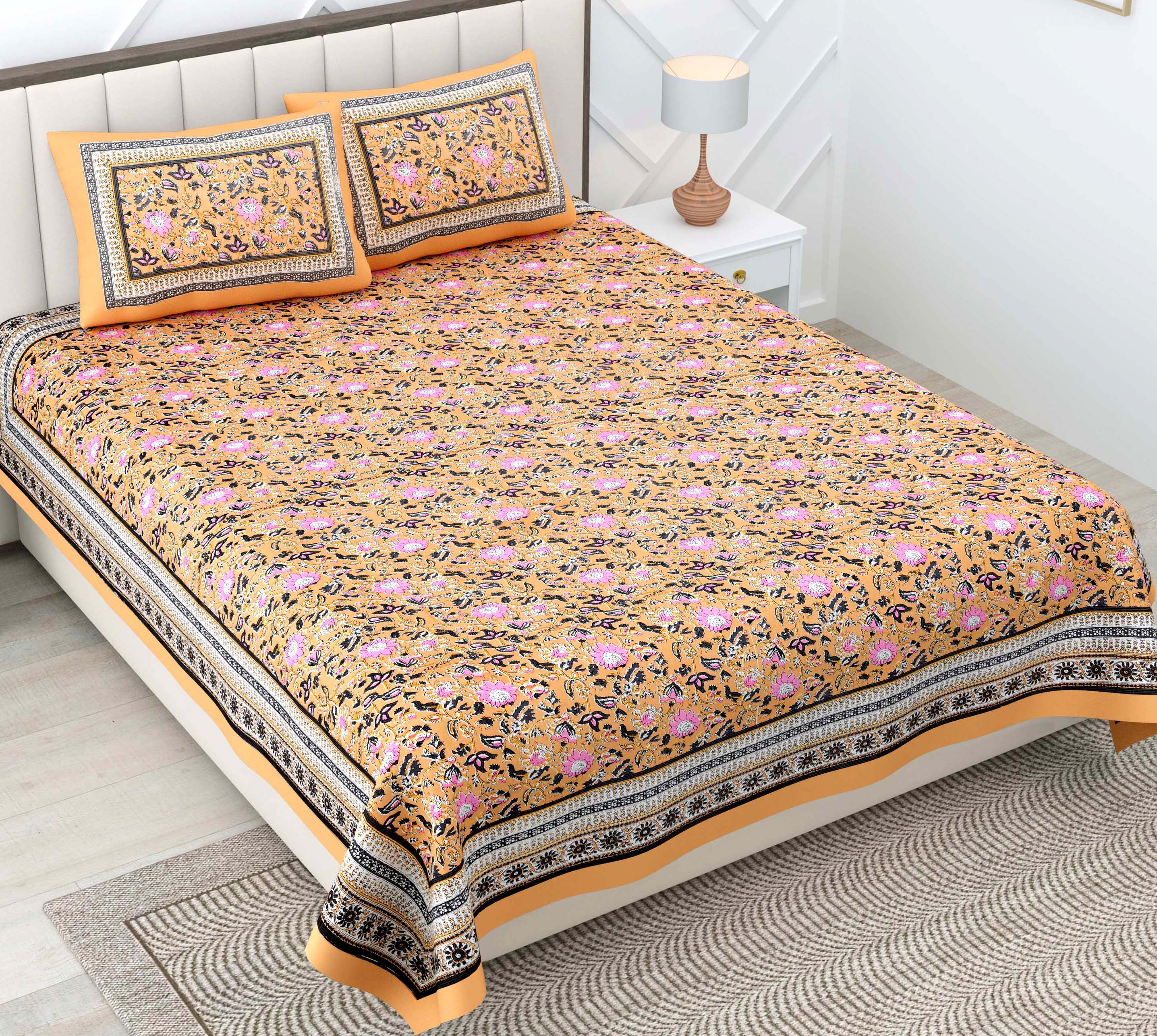 Orange Mughal Print 100% Cotton 180 TC King Size BEDSHEET with 2 Pillow Cover - 90X108
