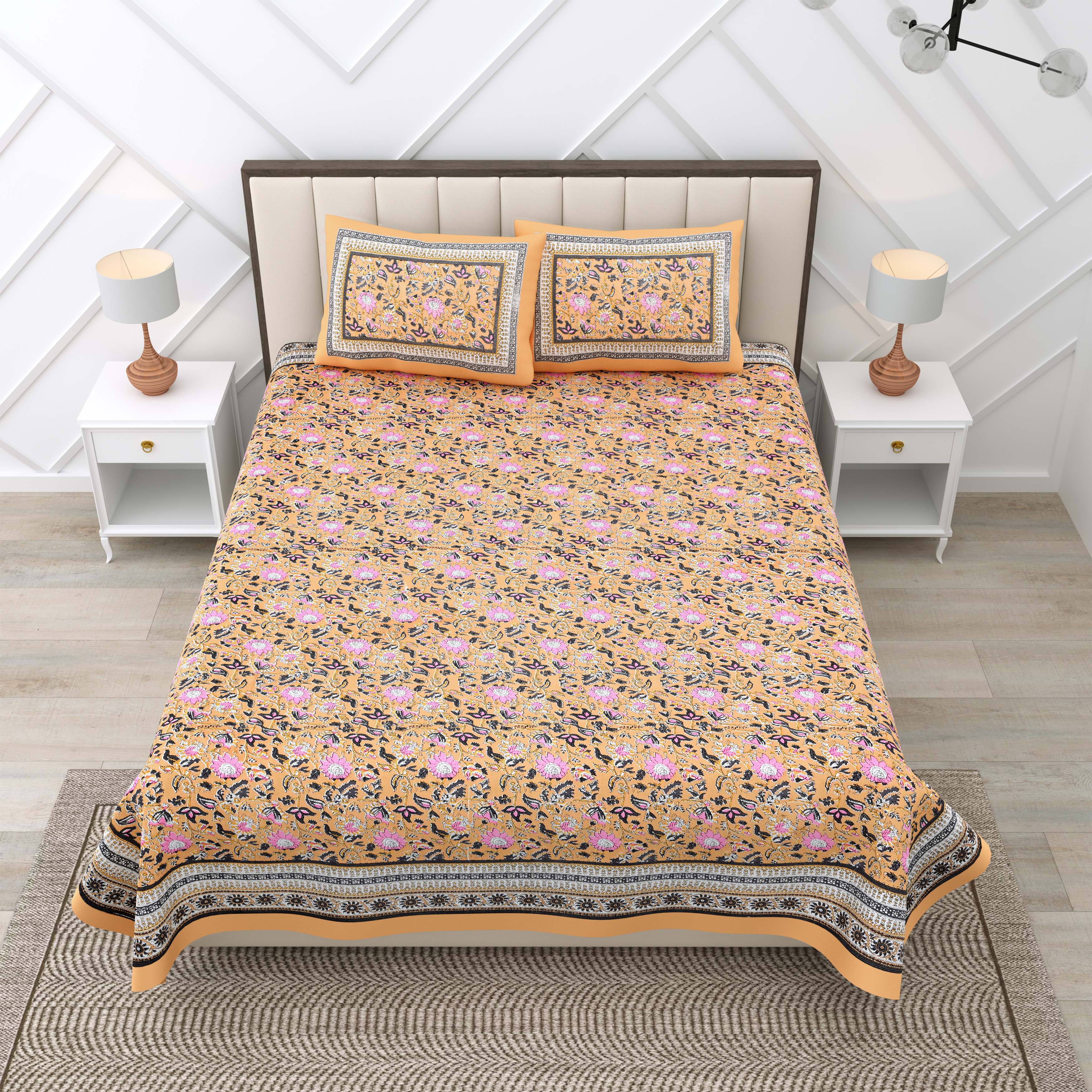 Orange Mughal Print 100% Cotton 180 TC King Size BEDSHEET with 2 Pillow Cover - 90X108
