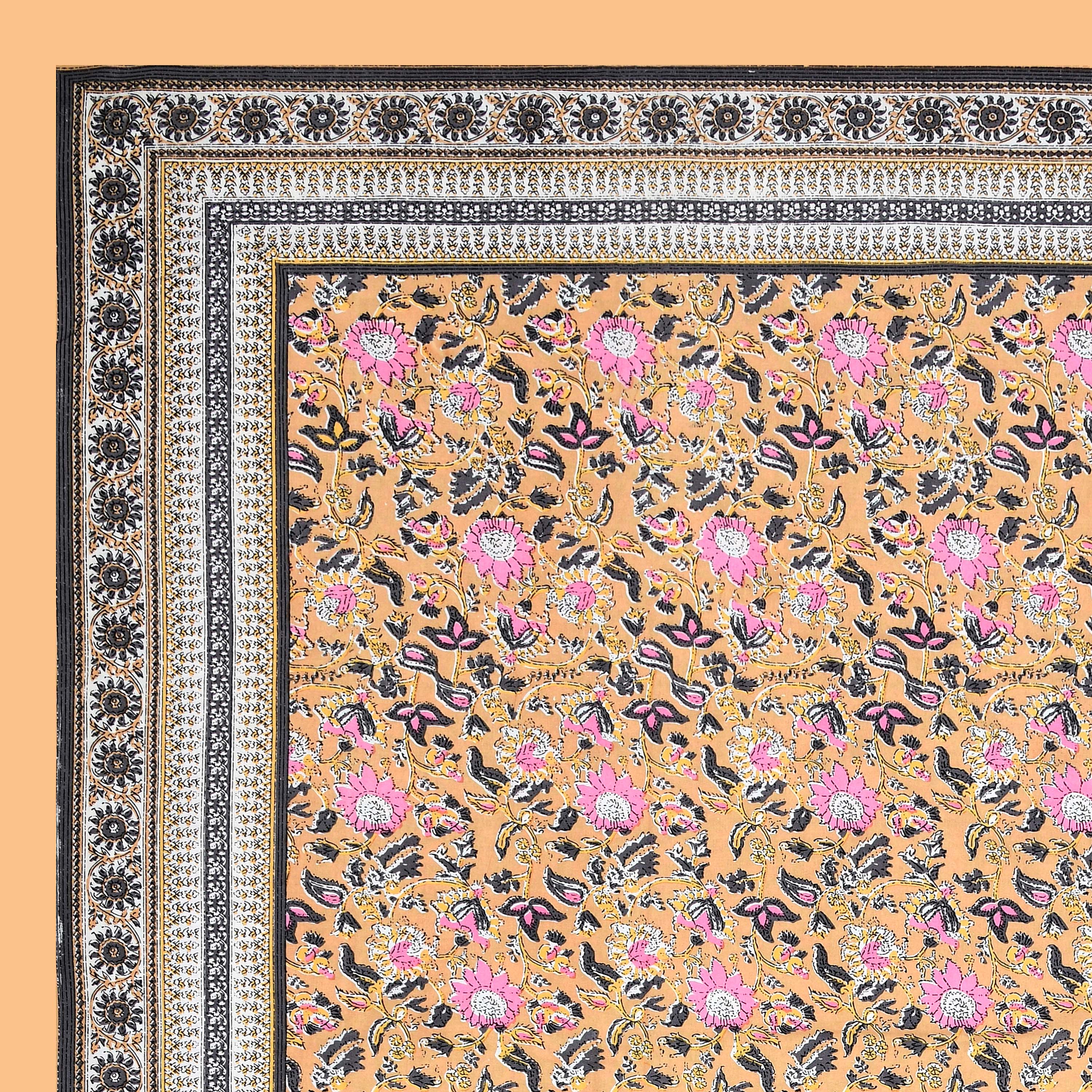 Orange Mughal Print 100% Cotton 180 TC King Size BEDSHEET with 2 Pillow Cover - 90X108