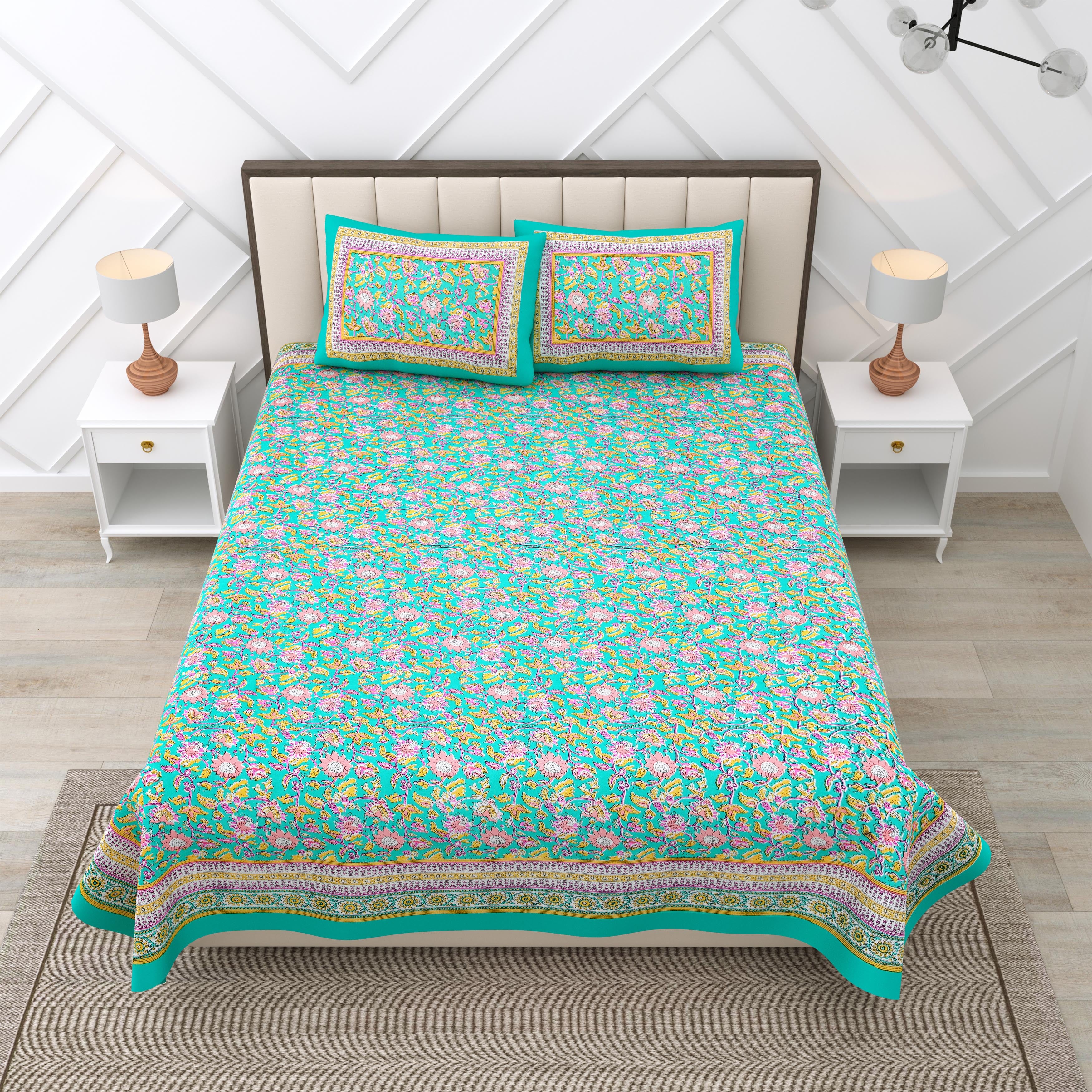 Green Mughal Print 100% Cotton 180 TC King Size BEDSHEET with 2 Pillow Cover - 90X108 (Copy) (Copy)