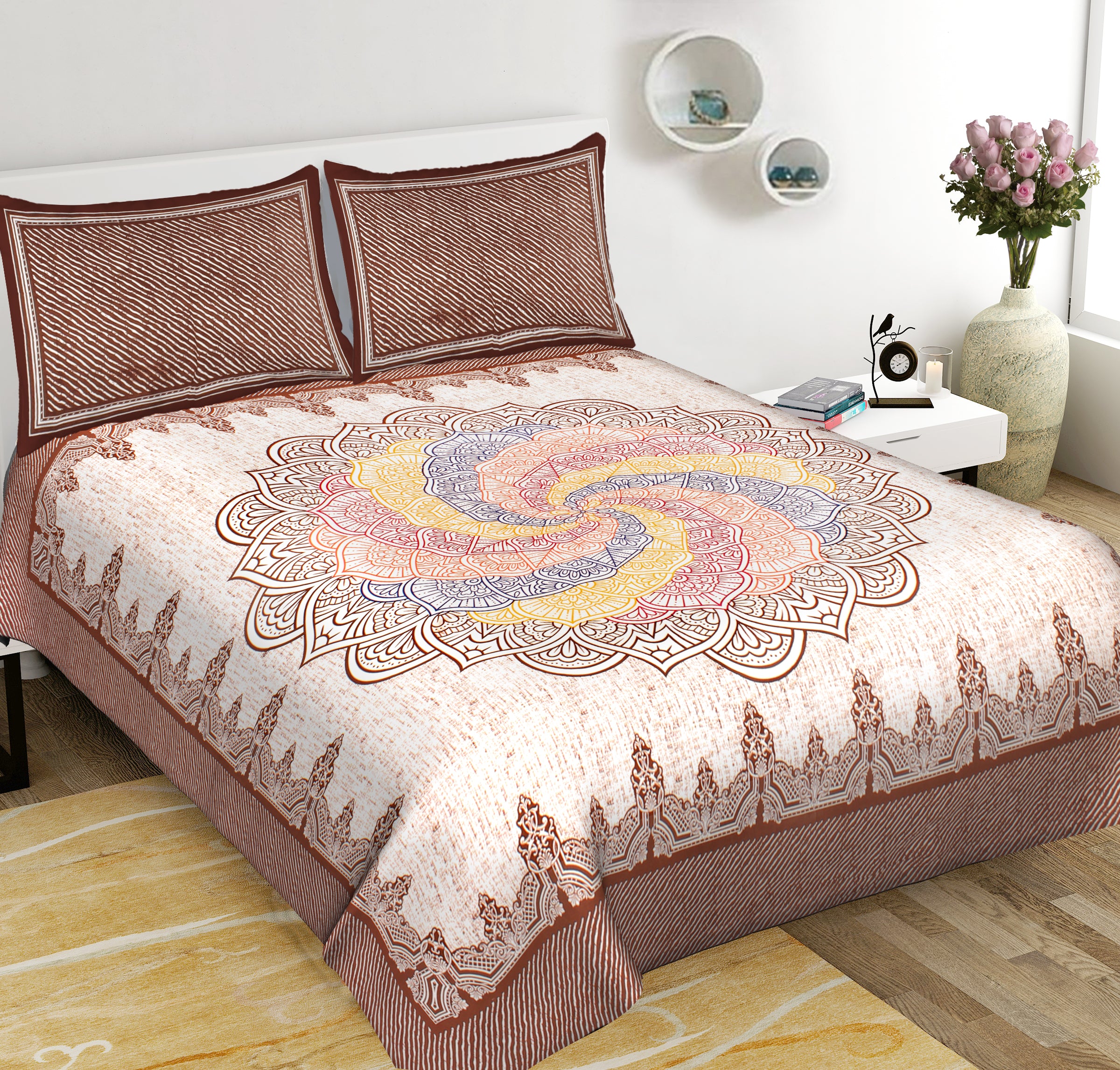 Brown Rangoli Mandala 100% Pure Cotton 240 TC King Size BEDSHEET with 2 Pillow Cover - 90X108