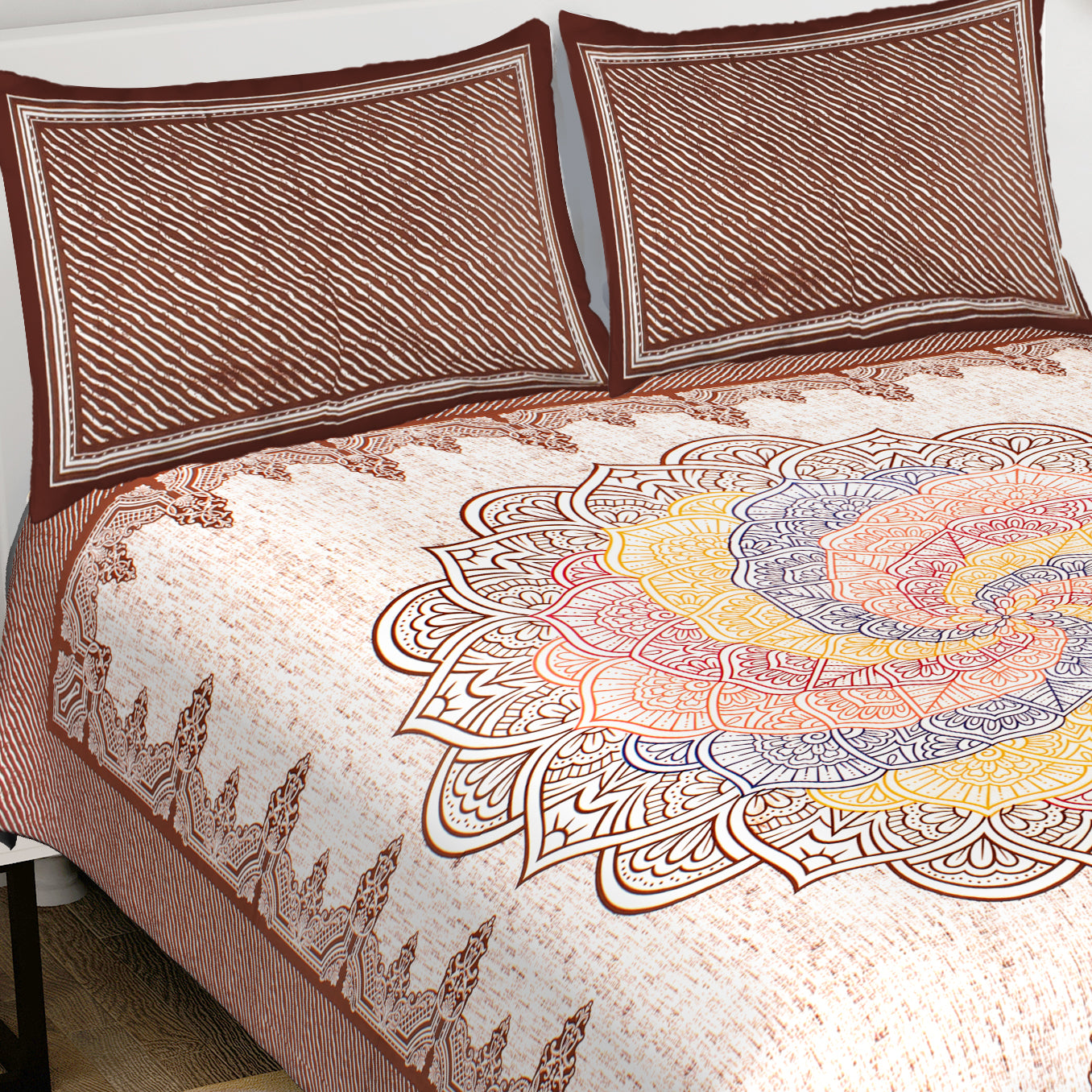 Brown Rangoli Mandala 100% Pure Cotton 240 TC King Size BEDSHEET with 2 Pillow Cover - 90X108