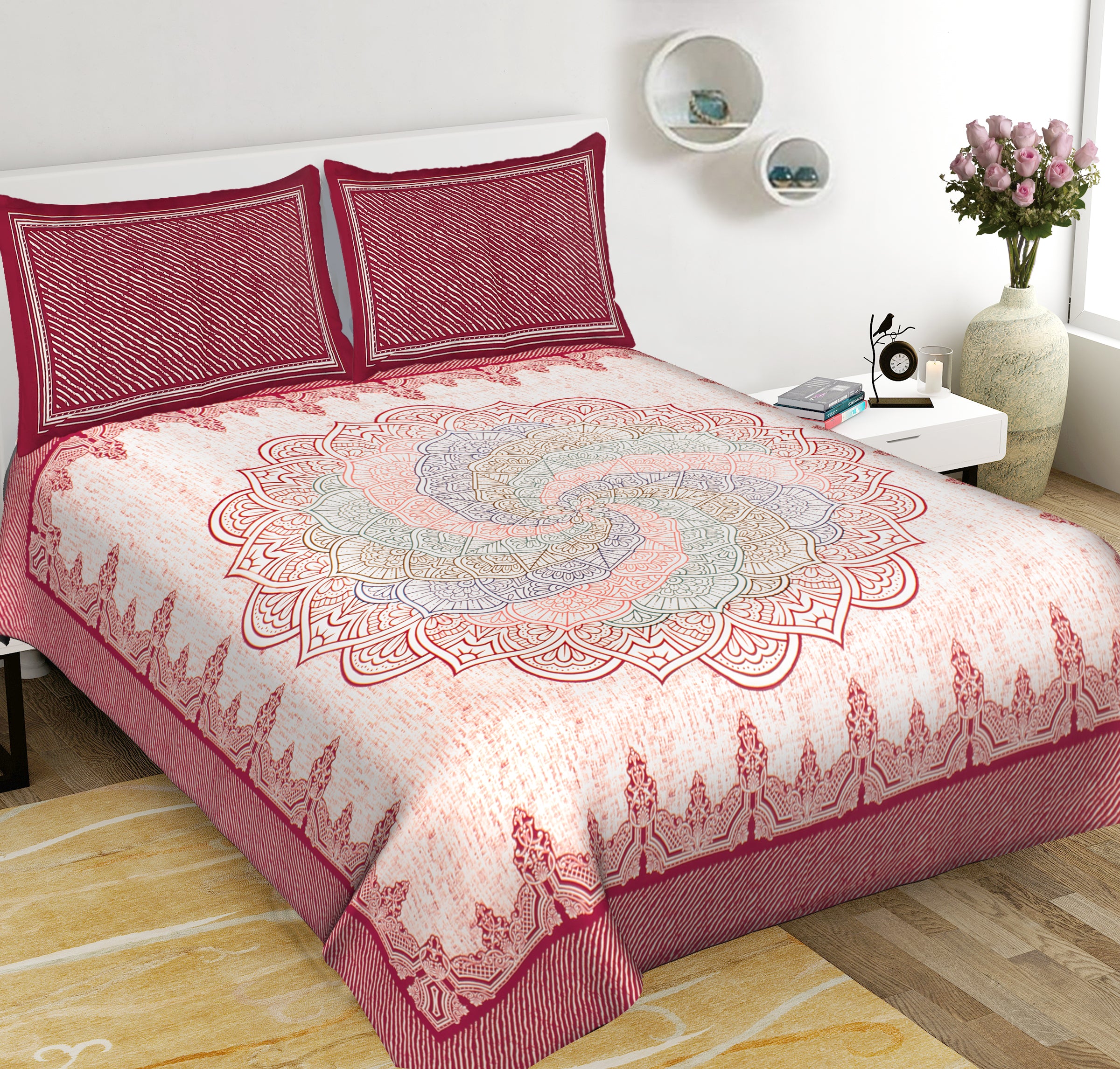 Maroon Rangoli Mandala 100% Pure Cotton 240 TC King Size BEDSHEET with 2 Pillow Cover - 90X108