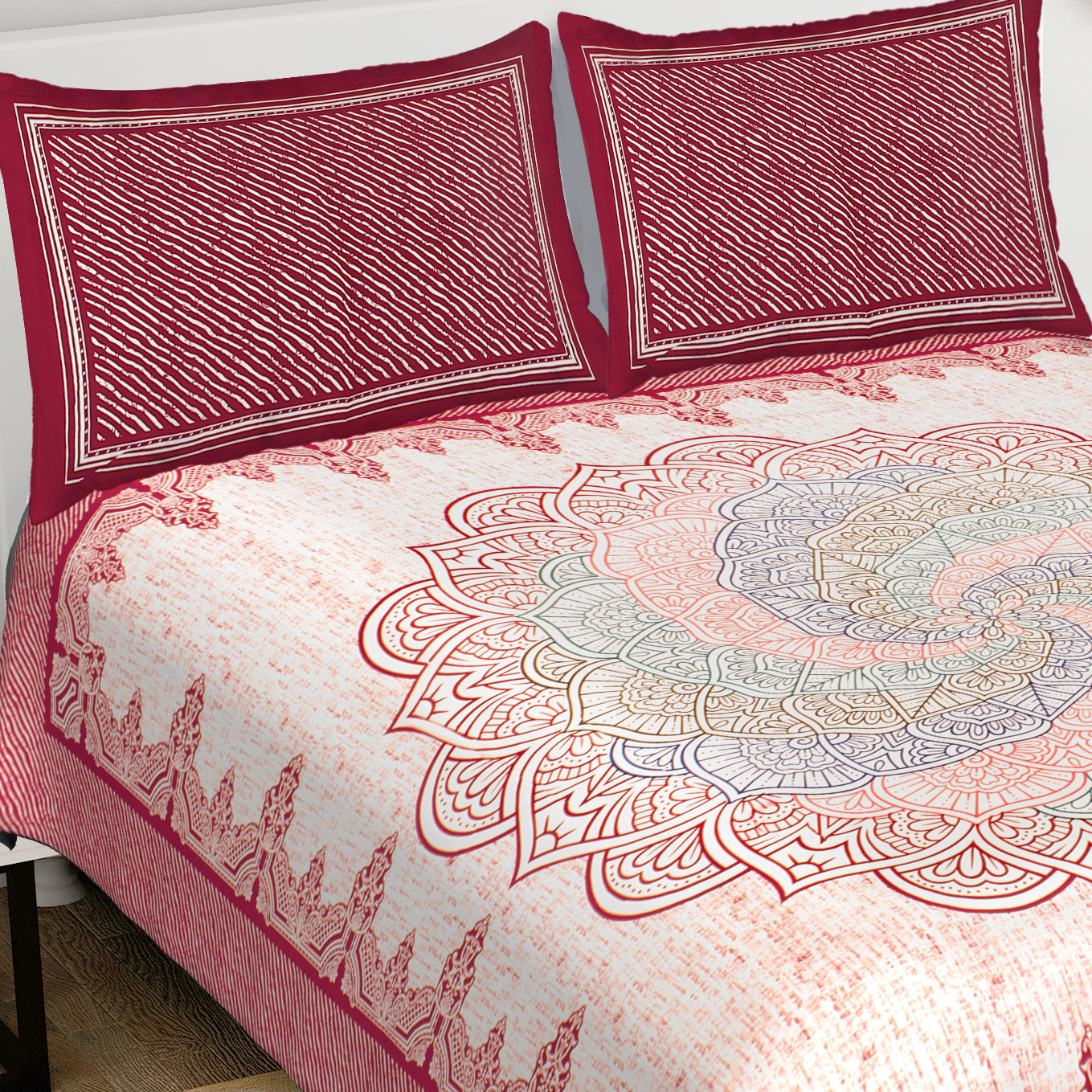 Maroon Rangoli Mandala 100% Pure Cotton 240 TC King Size BEDSHEET with 2 Pillow Cover - 90X108