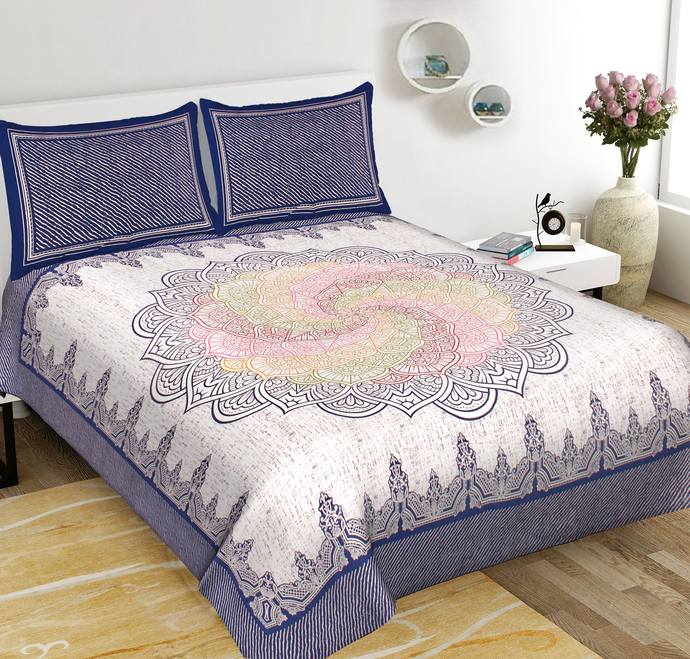 Blue Rangoli Mandala 100% Pure Cotton 240 TC King Size BEDSHEET with 2 Pillow Cover - 90X108