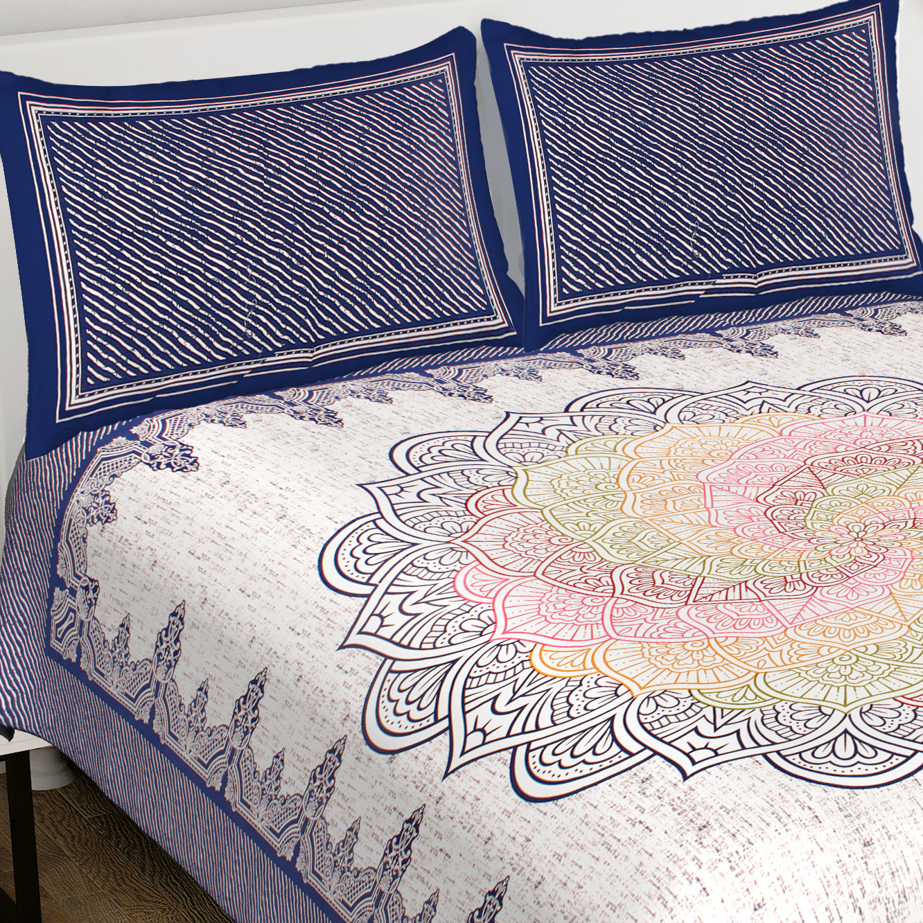 Blue Rangoli Mandala 100% Pure Cotton 240 TC King Size BEDSHEET with 2 Pillow Cover - 90X108