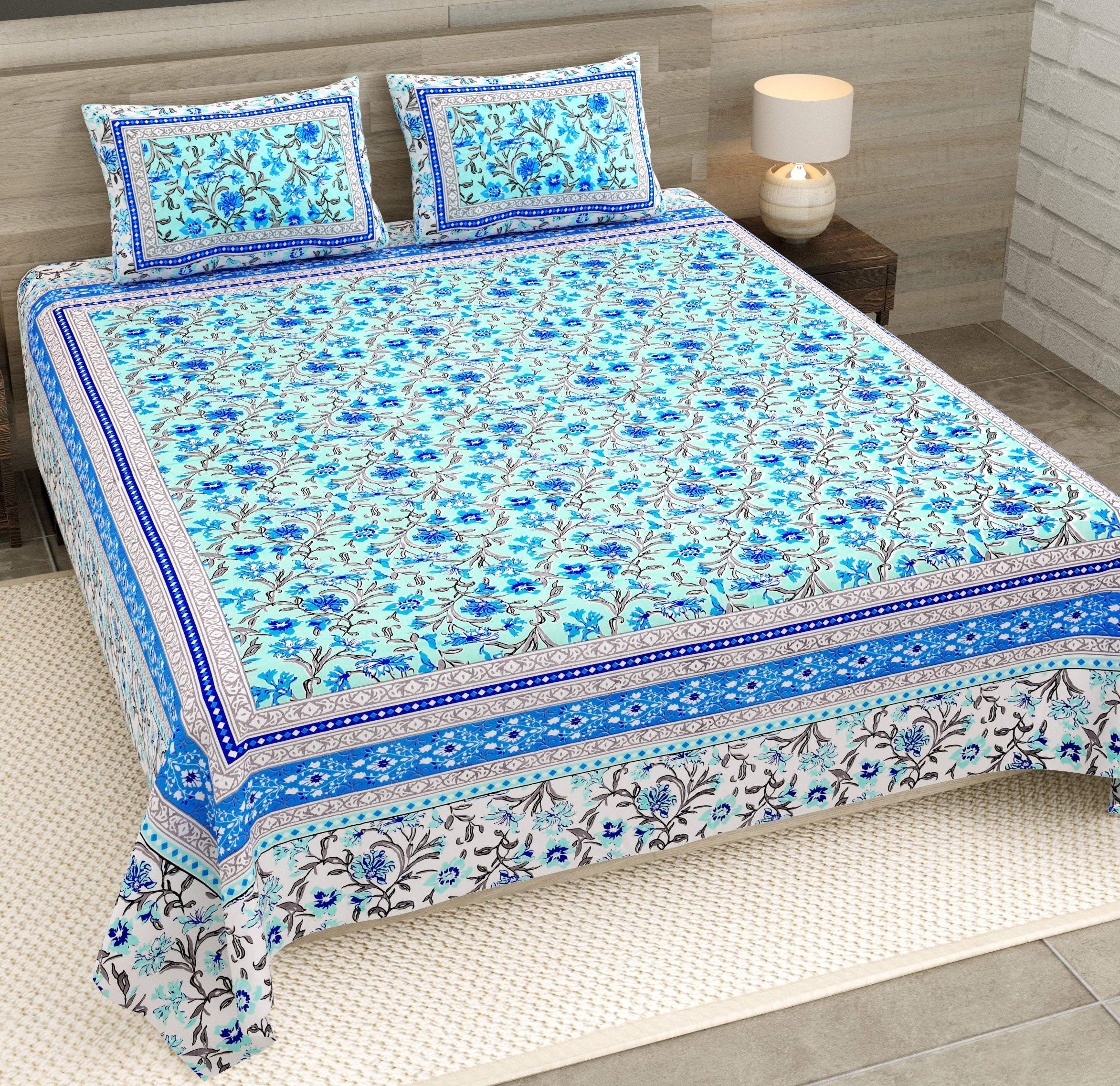 Blue Mughal Jaal Jaipuri Print 100% Pure Cotton 240 TC King Size BEDSHEET with 2 Pillow Cover - 90X108