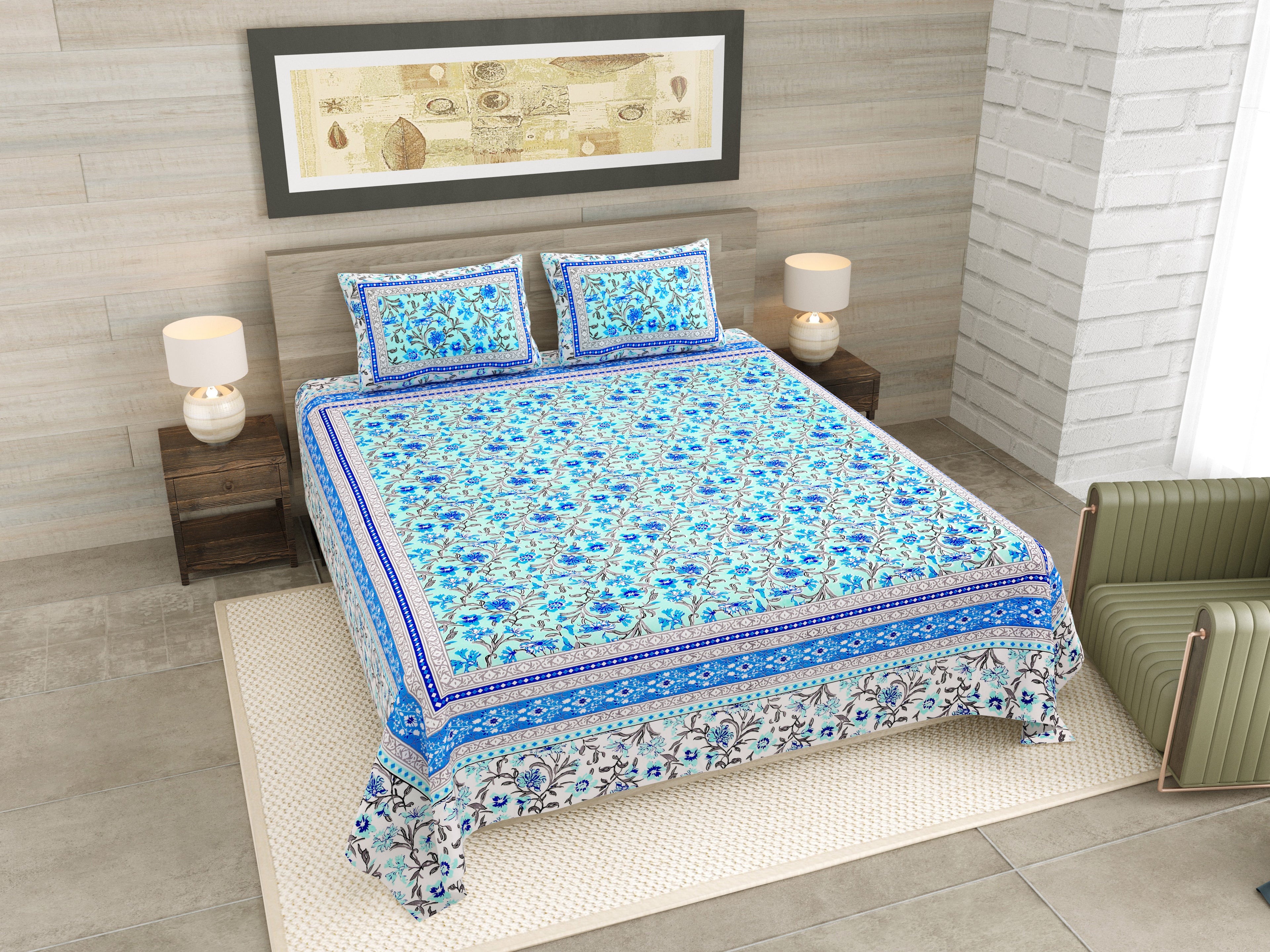 Blue Mughal Jaal Jaipuri Print 100% Pure Cotton 240 TC King Size BEDSHEET with 2 Pillow Cover - 90X108