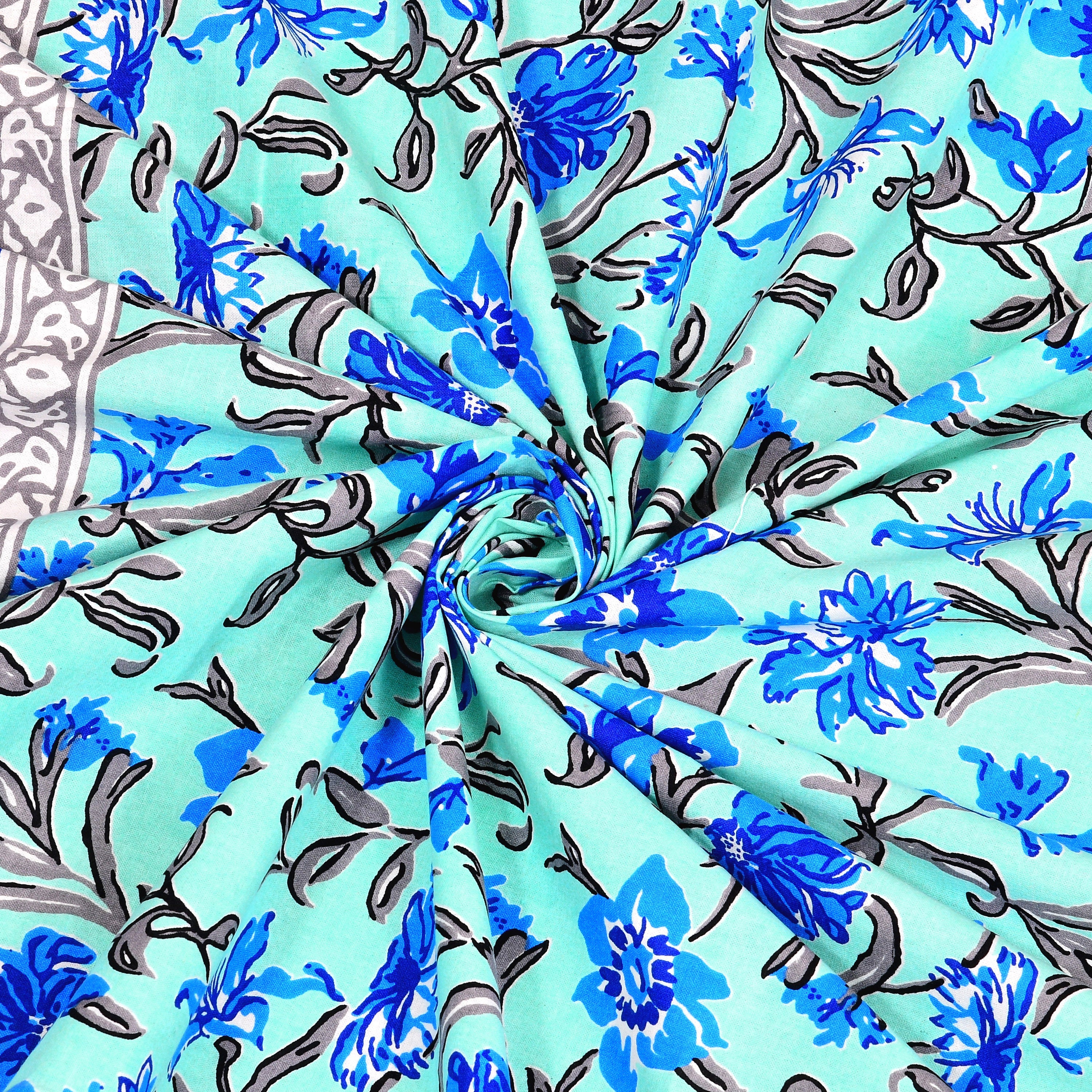 Blue Mughal Jaal Jaipuri Print 100% Pure Cotton 240 TC King Size BEDSHEET with 2 Pillow Cover - 90X108