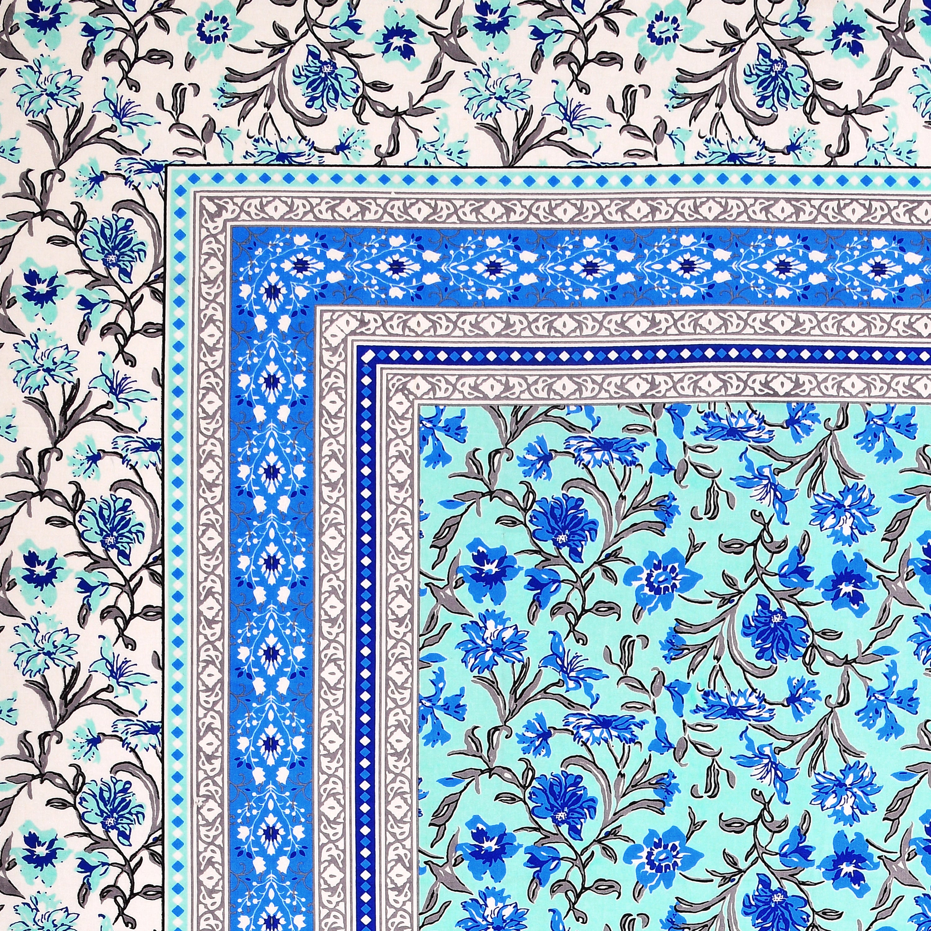 Blue Mughal Jaal Jaipuri Print 100% Pure Cotton 240 TC King Size BEDSHEET with 2 Pillow Cover - 90X108