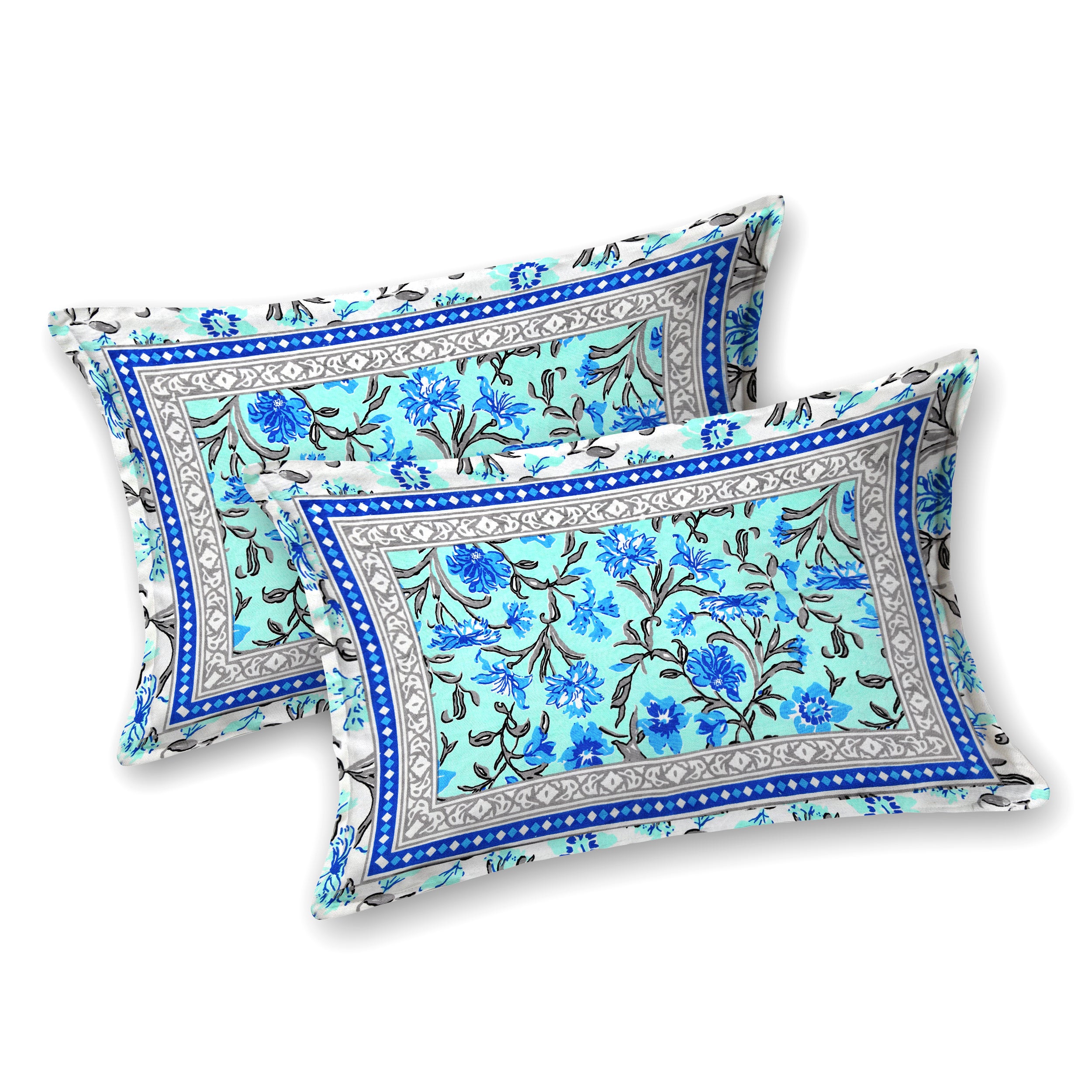 Blue Mughal Jaal Jaipuri Print 100% Pure Cotton 240 TC King Size BEDSHEET with 2 Pillow Cover - 90X108