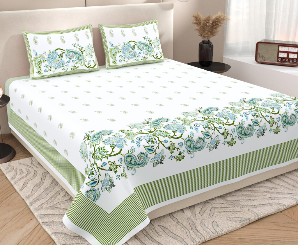 Pista Green Paisley Jaipuri Print 100% Pure Cotton 240 TC King Size BEDSHEET with 2 Pillow Cover - 90X108