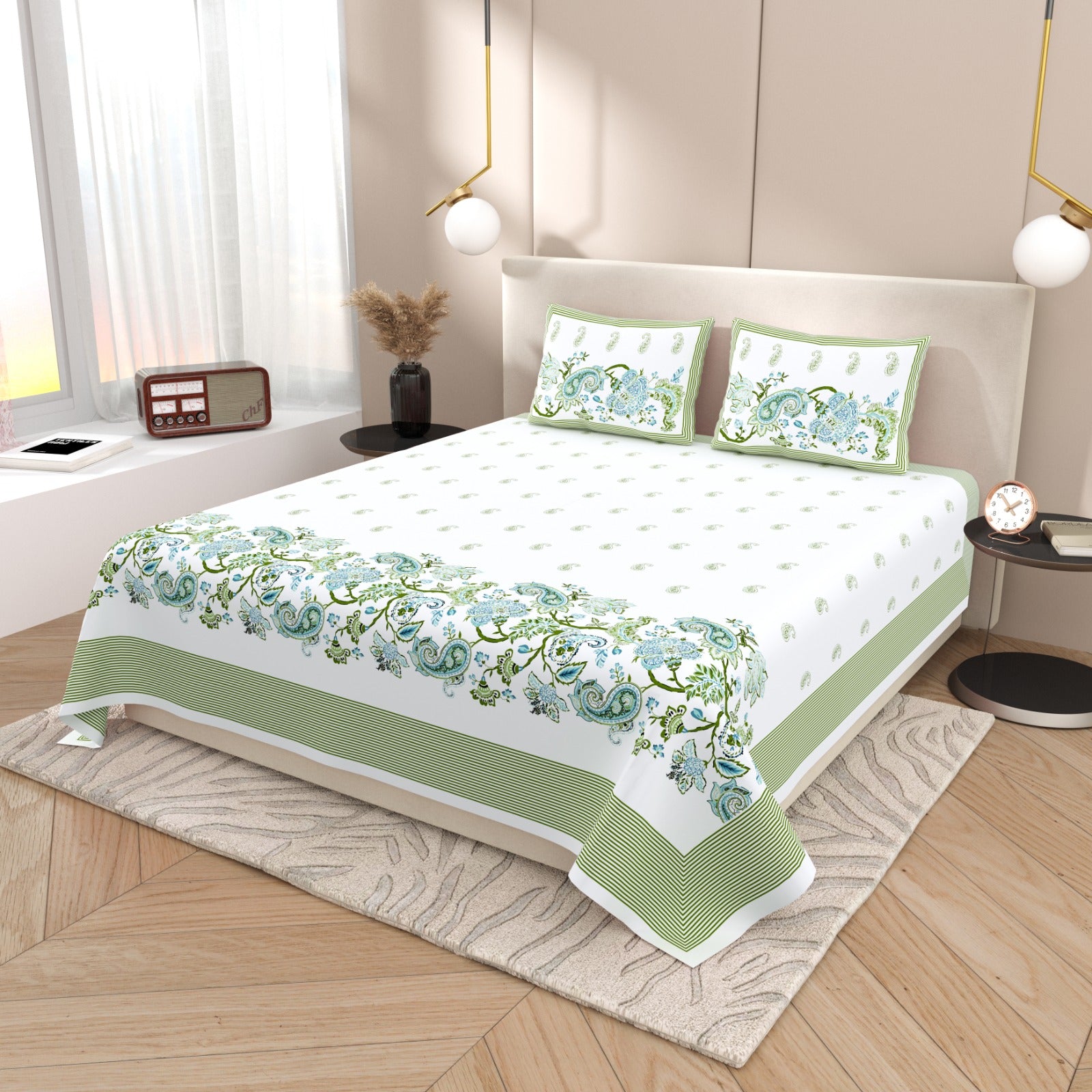 Pista Green Paisley Jaipuri Print 100% Pure Cotton 240 TC King Size BEDSHEET with 2 Pillow Cover - 90X108