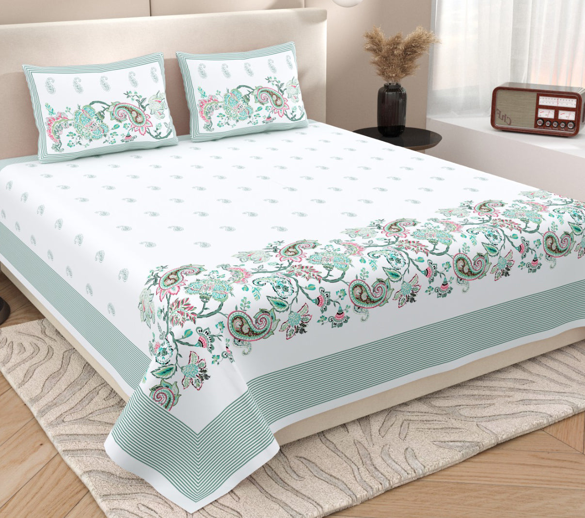 Garden Green Paisley Jaipuri Print 100% Pure Cotton 240 TC King Size BEDSHEET with 2 Pillow Cover - 90X108