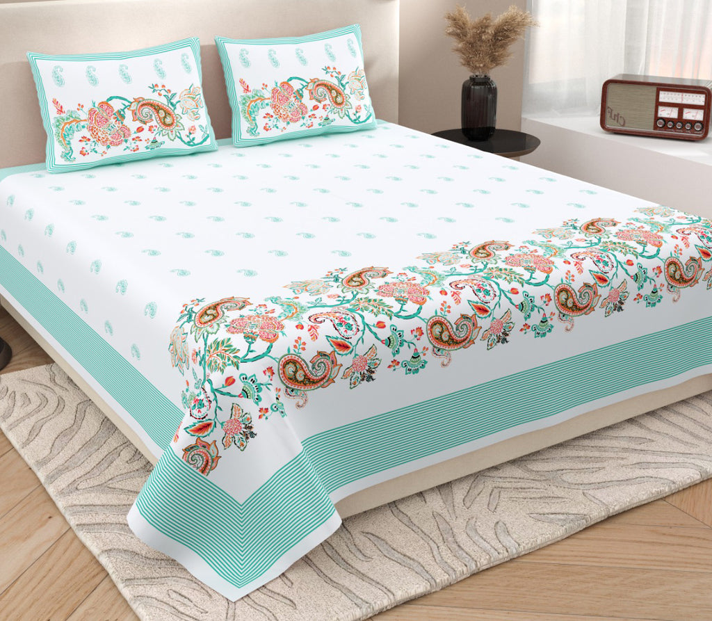 Teal Green Paisley Jaipuri Print 100% Pure Cotton 240 TC King Size BEDSHEET with 2 Pillow Cover - 90X108