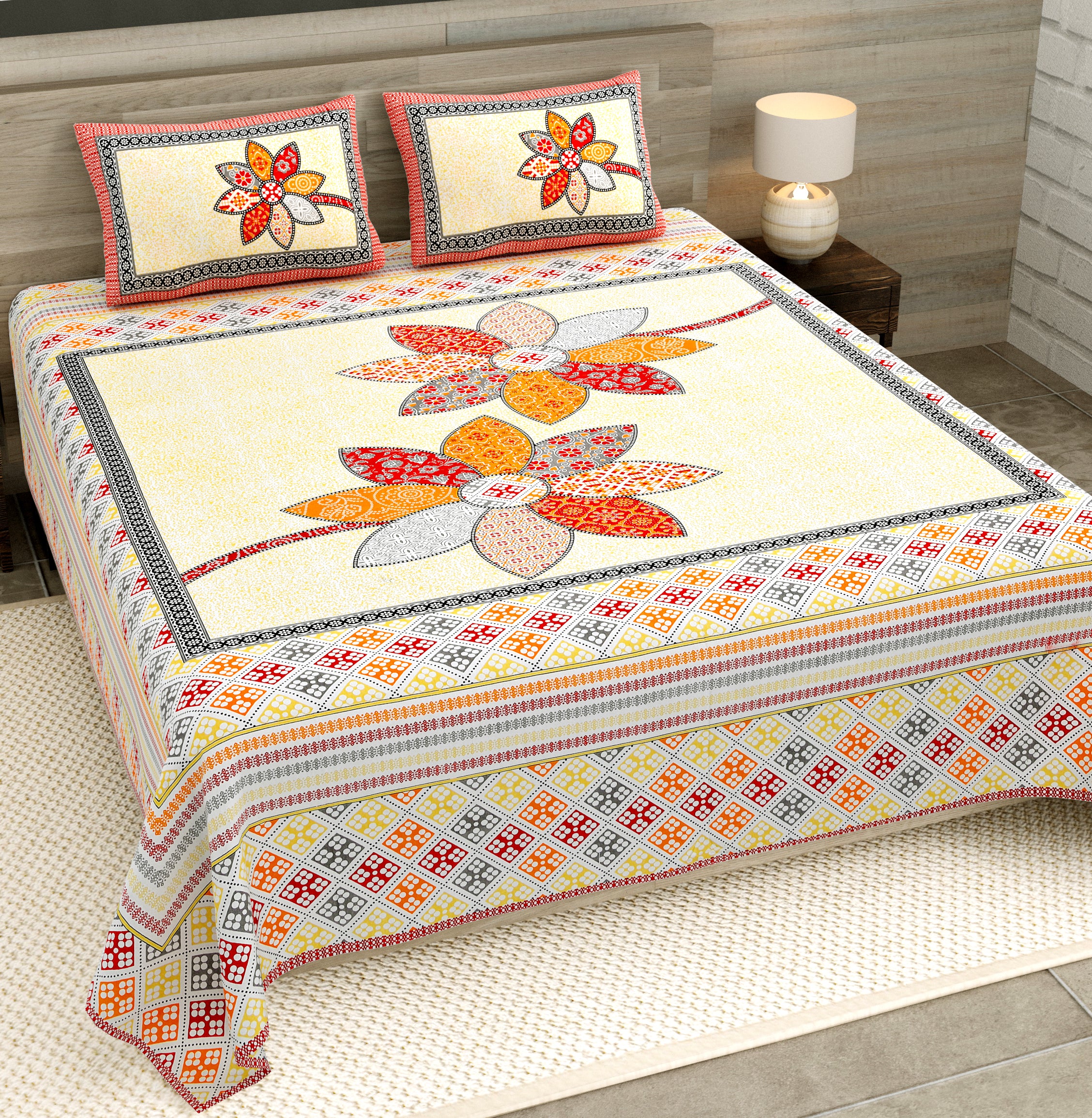 Red Twin Flower Jaipuri Print 100% Pure Cotton 240 TC King Size BEDSHEET with 2 Pillow Cover - 90X108