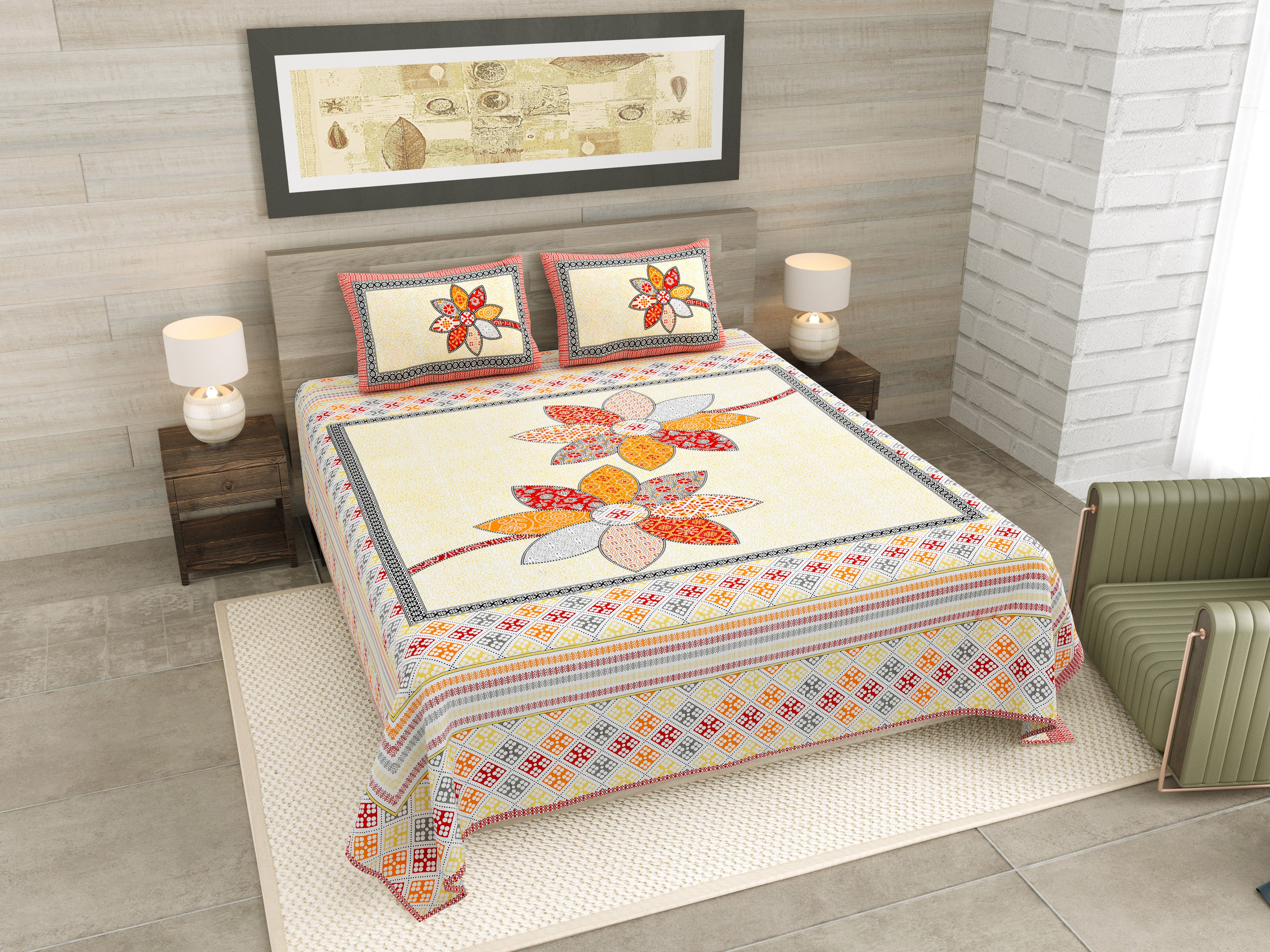 Red Twin Flower Jaipuri Print 100% Pure Cotton 240 TC King Size BEDSHEET with 2 Pillow Cover - 90X108