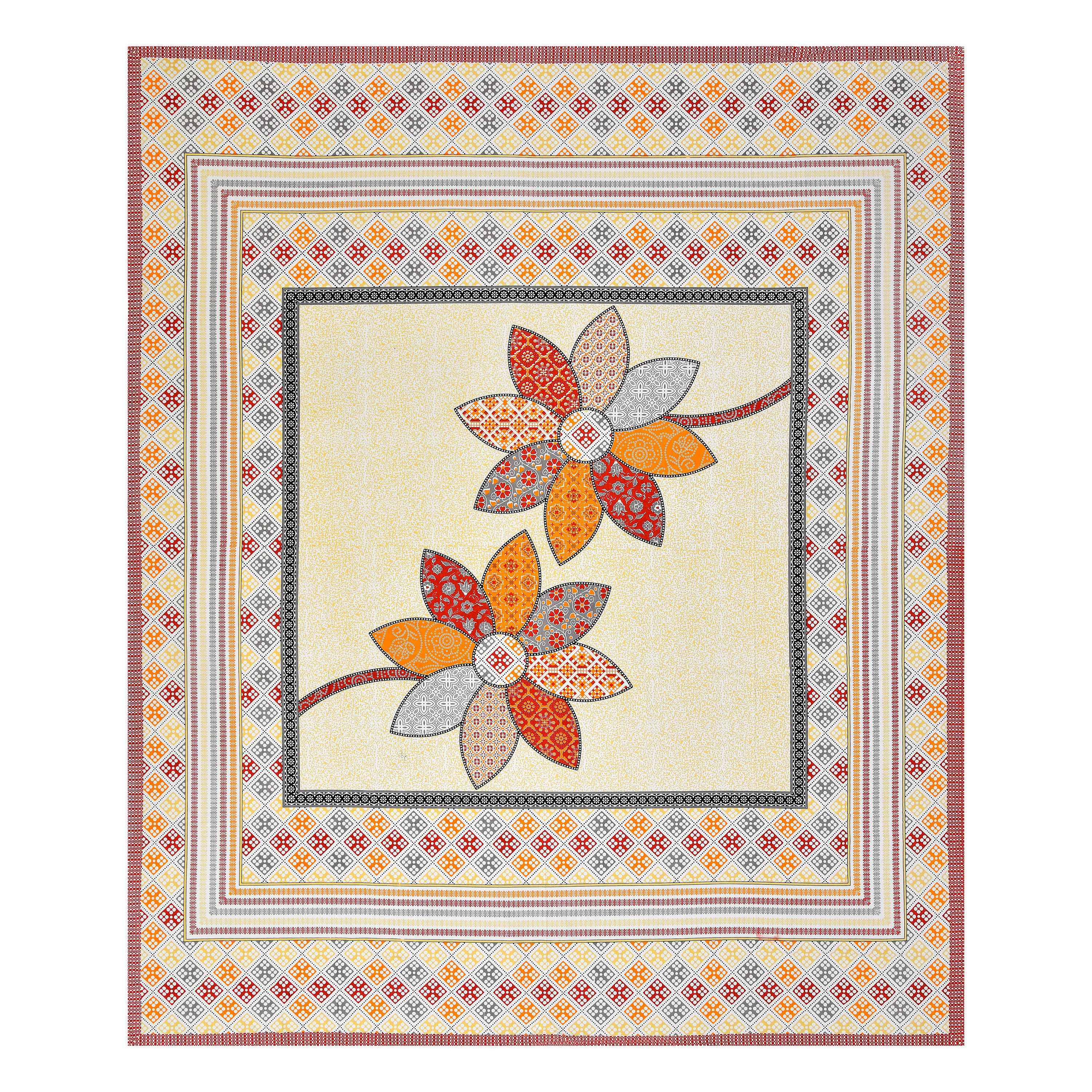 Red Twin Flower Jaipuri Print 100% Pure Cotton 240 TC King Size BEDSHEET with 2 Pillow Cover - 90X108