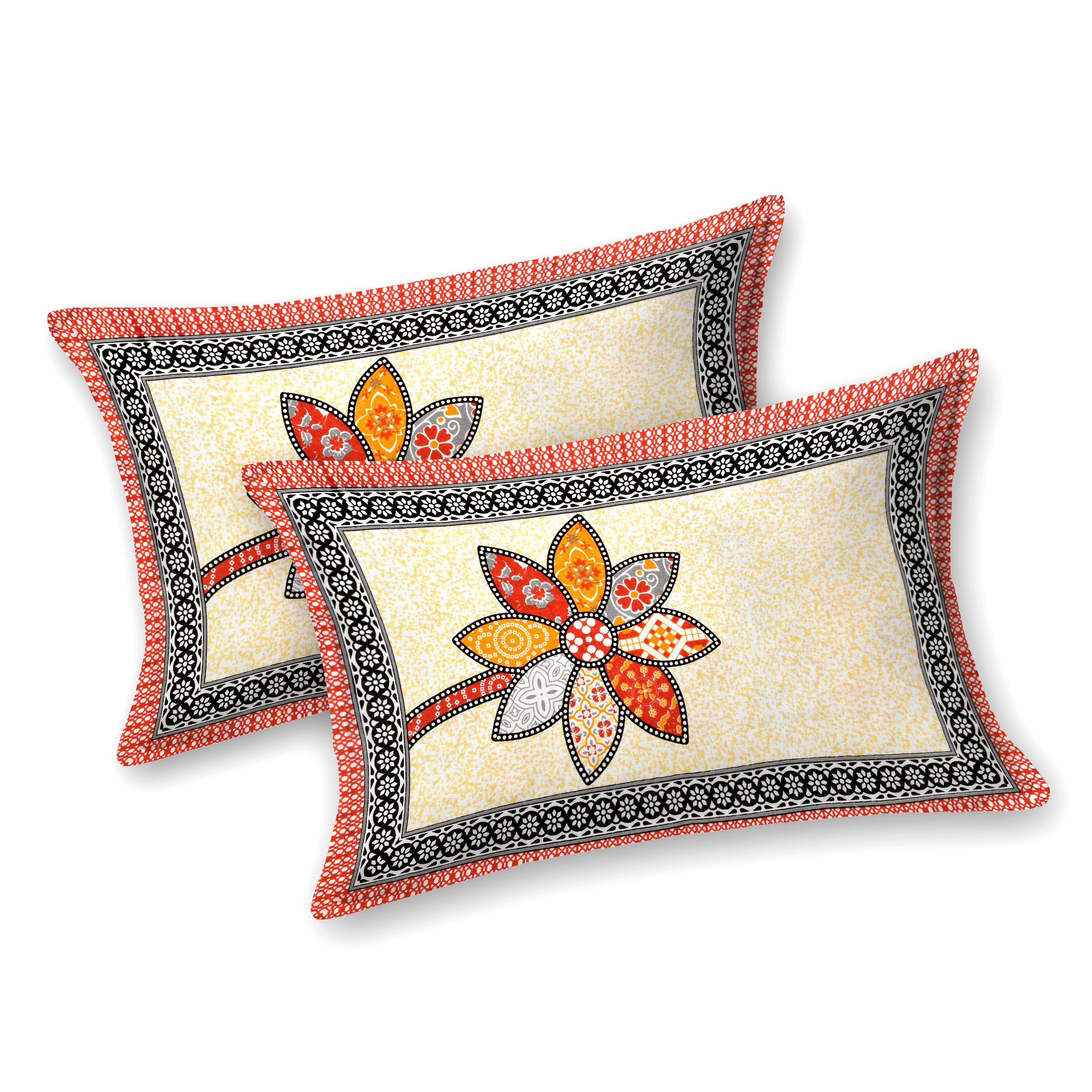 Red Twin Flower Jaipuri Print 100% Pure Cotton 240 TC King Size BEDSHEET with 2 Pillow Cover - 90X108