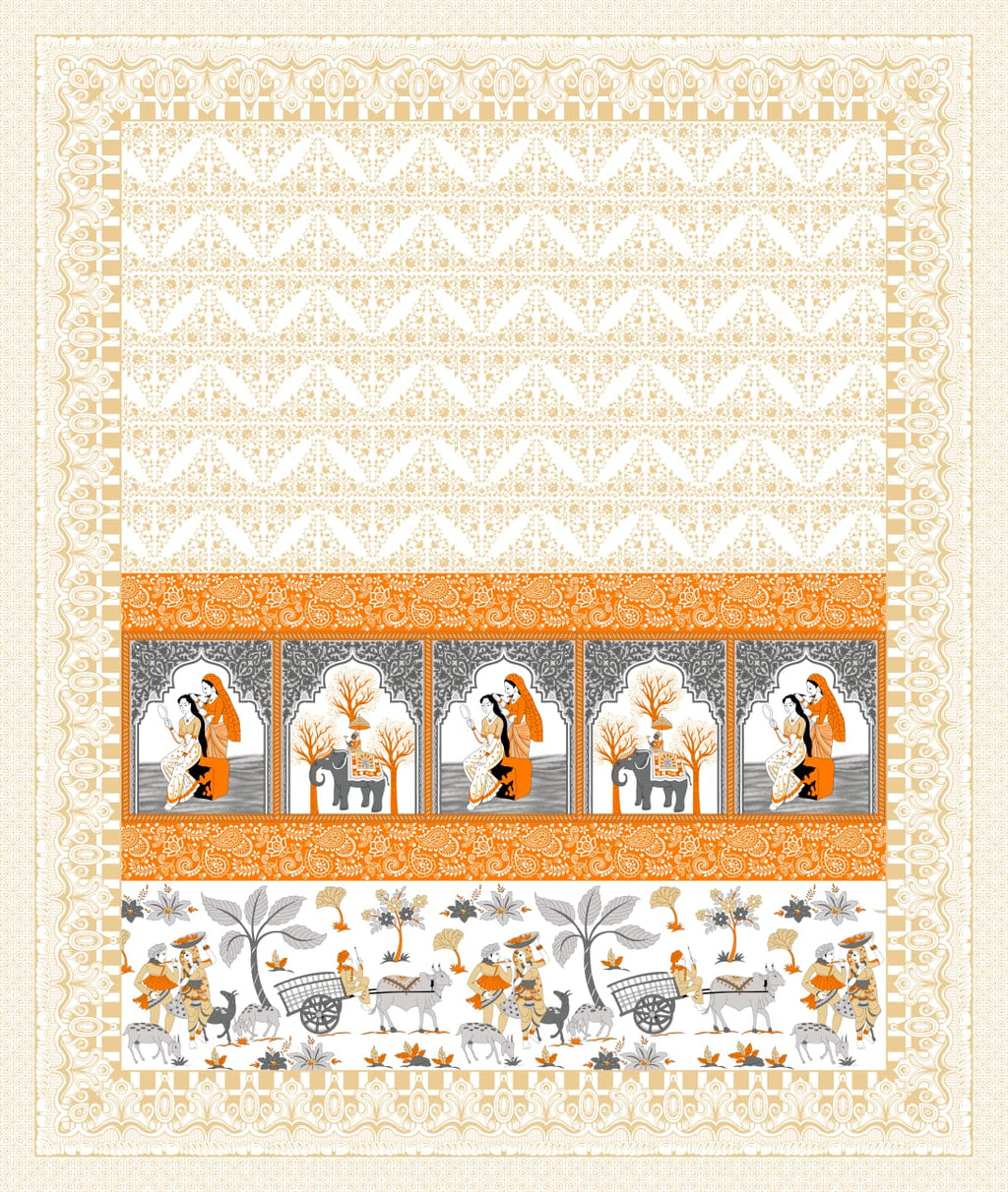 Orange Maharani Jaipuri Print 100% Pure Cotton 240 TC King Size BEDSHEET with 2 Pillow Cover - 90X108