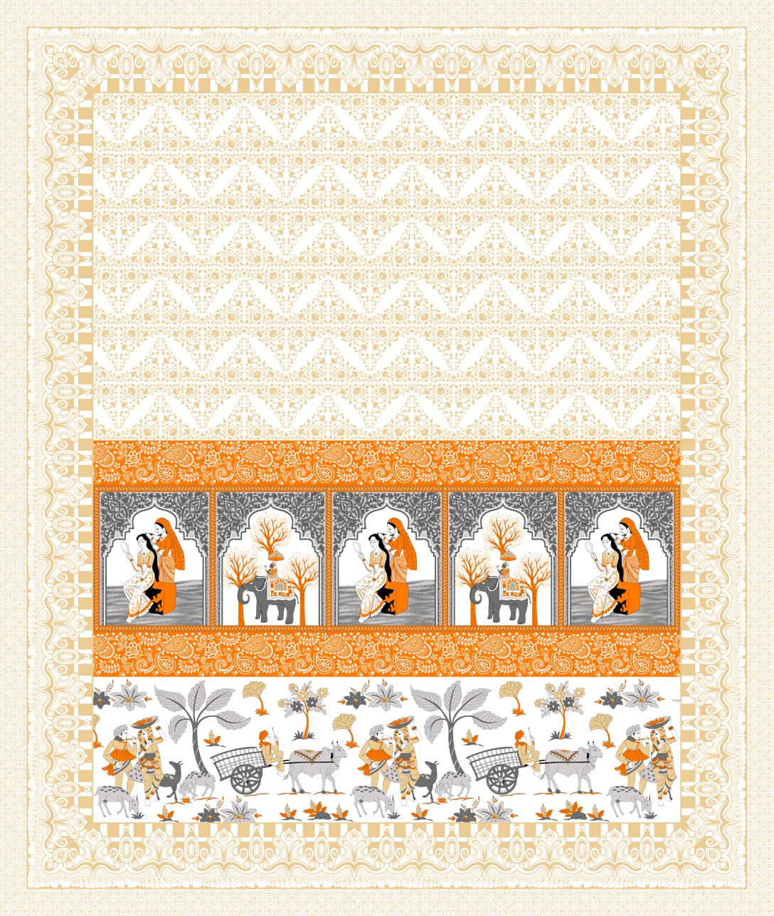 Orange Maharani Jaipuri Print 100% Pure Cotton 240 TC King Size BEDSHEET with 2 Pillow Cover - 90X108