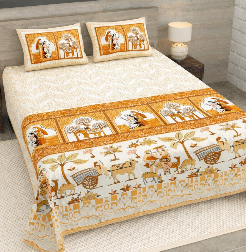 Orange Maharani Jaipuri Print 100% Pure Cotton 240 TC King Size BEDSHEET with 2 Pillow Cover - 90X108