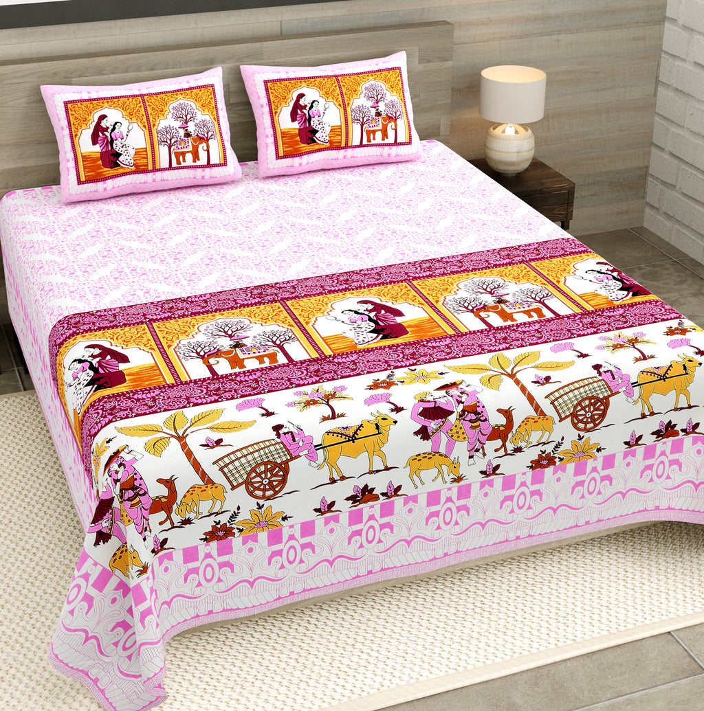 Mauve Maharani Jaipuri Print 100% Pure Cotton 240 TC King Size BEDSHEET with 2 Pillow Cover - 90X108