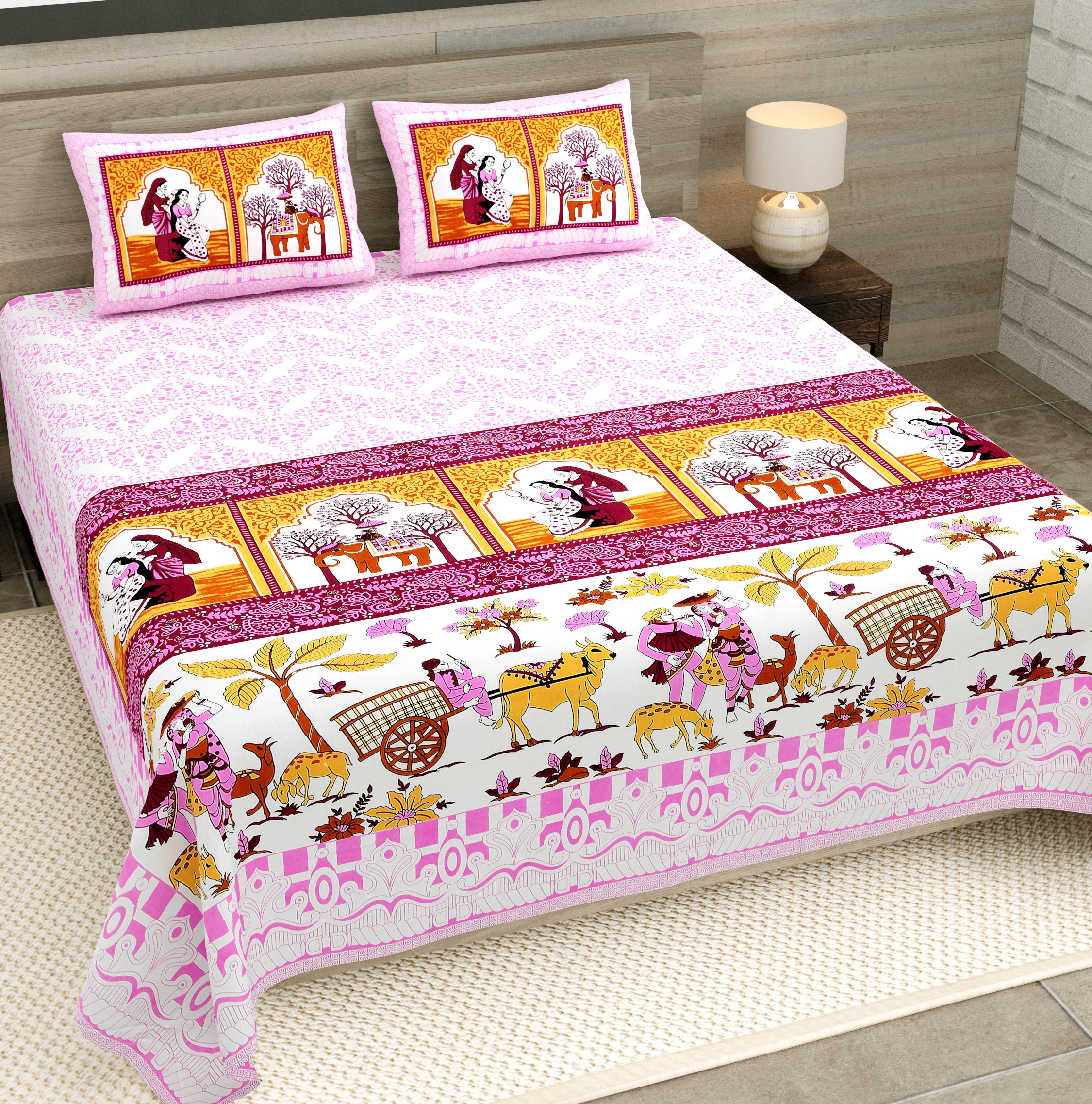 Mauve Maharani Jaipuri Print 100% Pure Cotton 240 TC King Size BEDSHEET with 2 Pillow Cover - 90X108