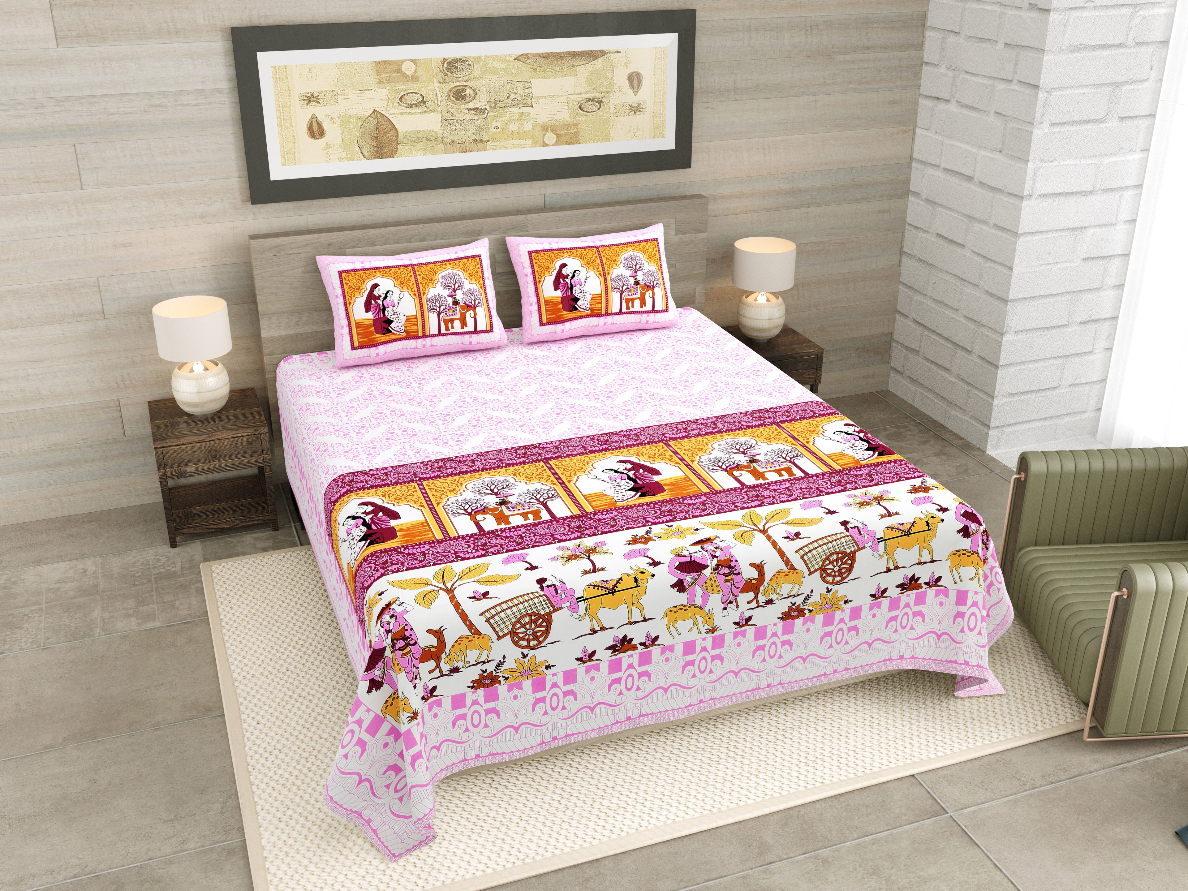 Mauve Maharani Jaipuri Print 100% Pure Cotton 240 TC King Size BEDSHEET with 2 Pillow Cover - 90X108