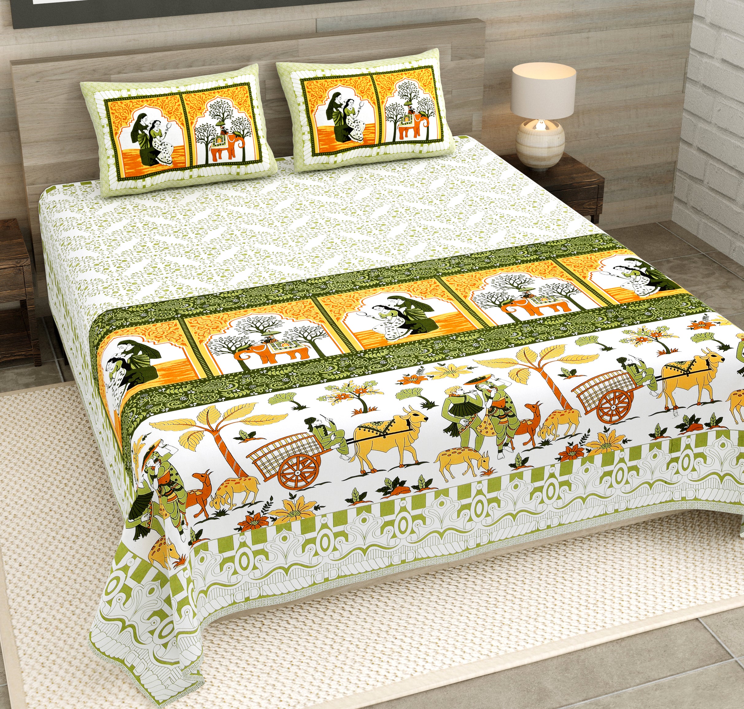 Mehendi Maharani Jaipuri Print 100% Pure Cotton 240 TC King Size BEDSHEET with 2 Pillow Cover - 90X108