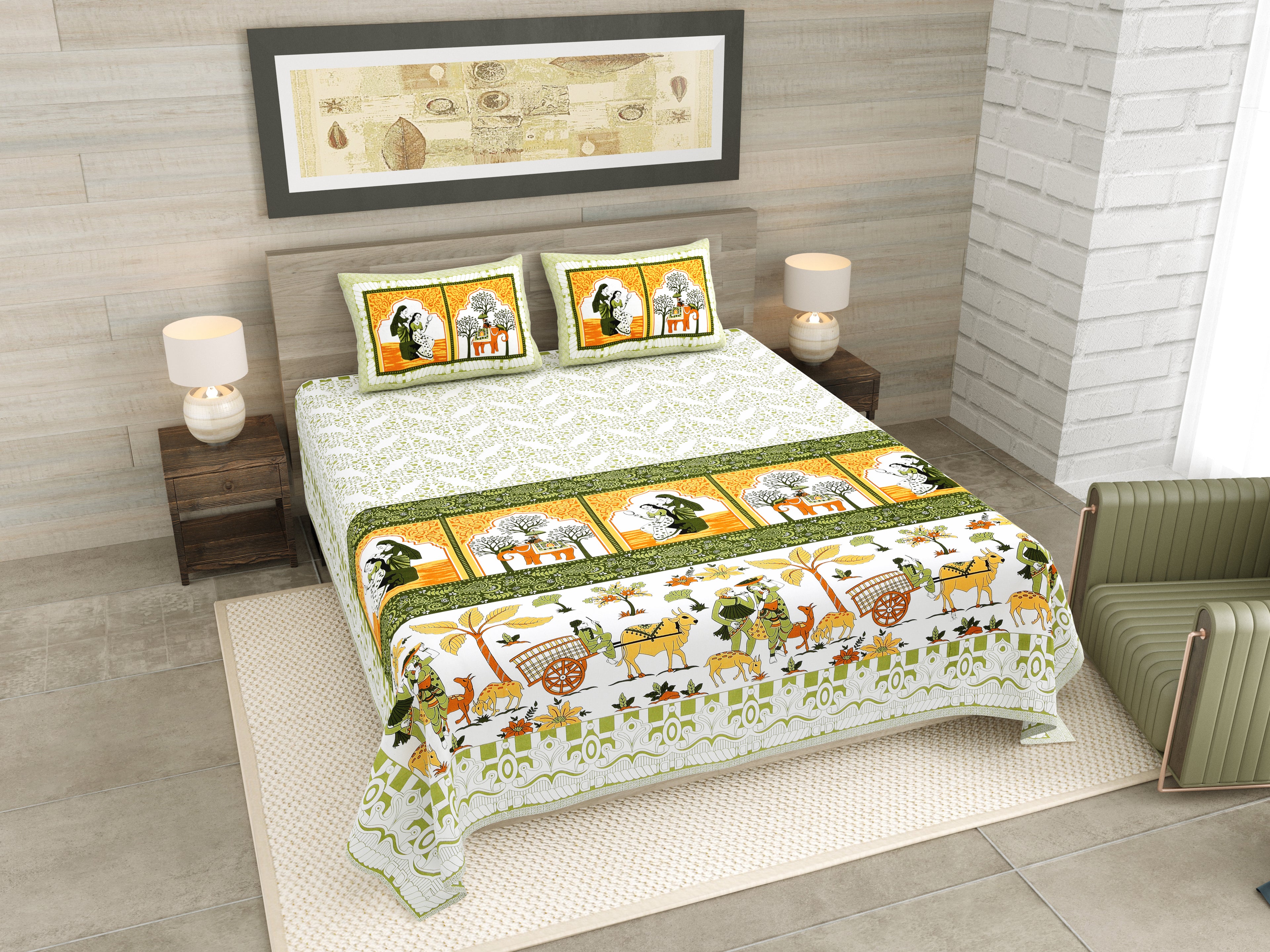 Mehendi Maharani Jaipuri Print 100% Pure Cotton 240 TC King Size BEDSHEET with 2 Pillow Cover - 90X108