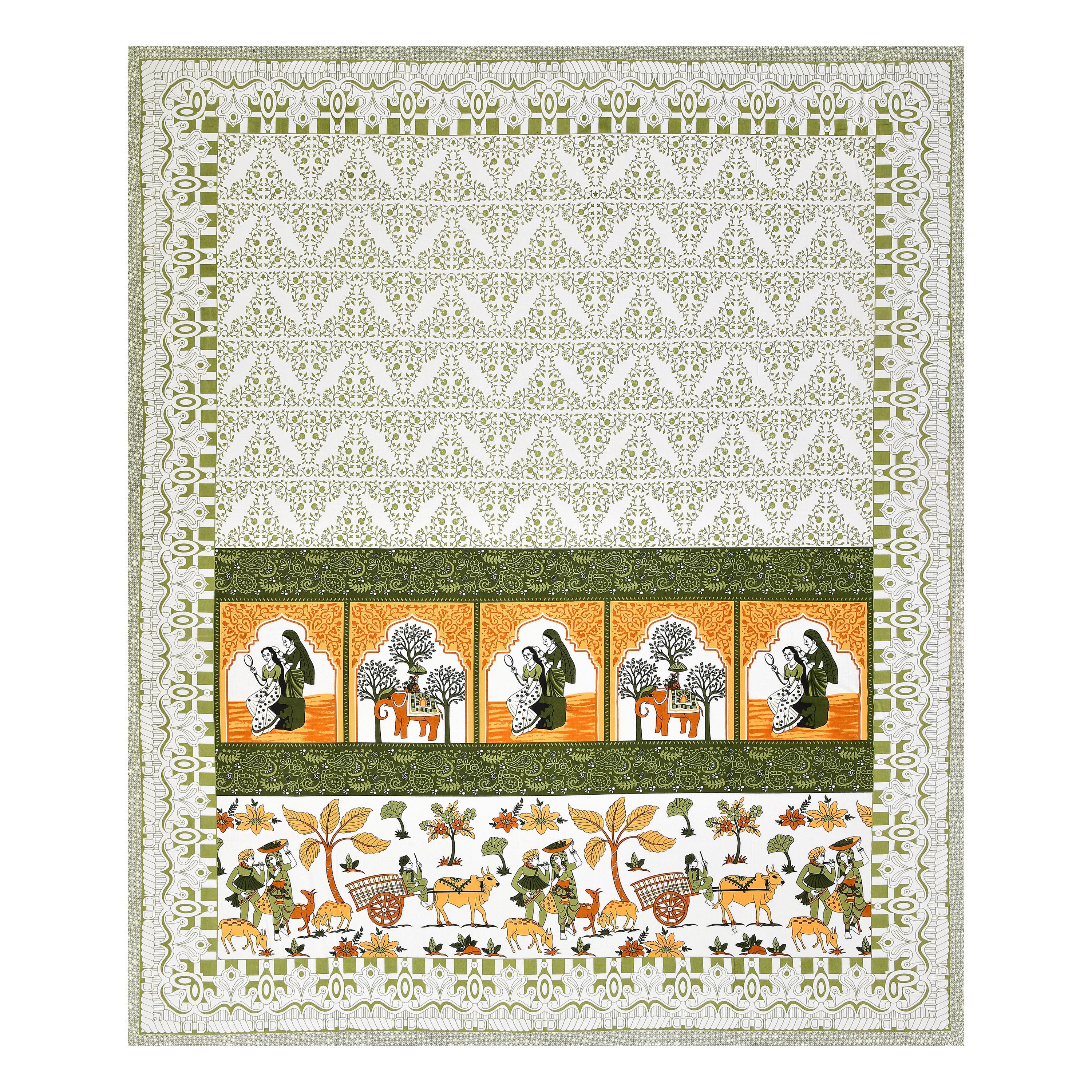 Mehendi Maharani Jaipuri Print 100% Pure Cotton 240 TC King Size BEDSHEET with 2 Pillow Cover - 90X108