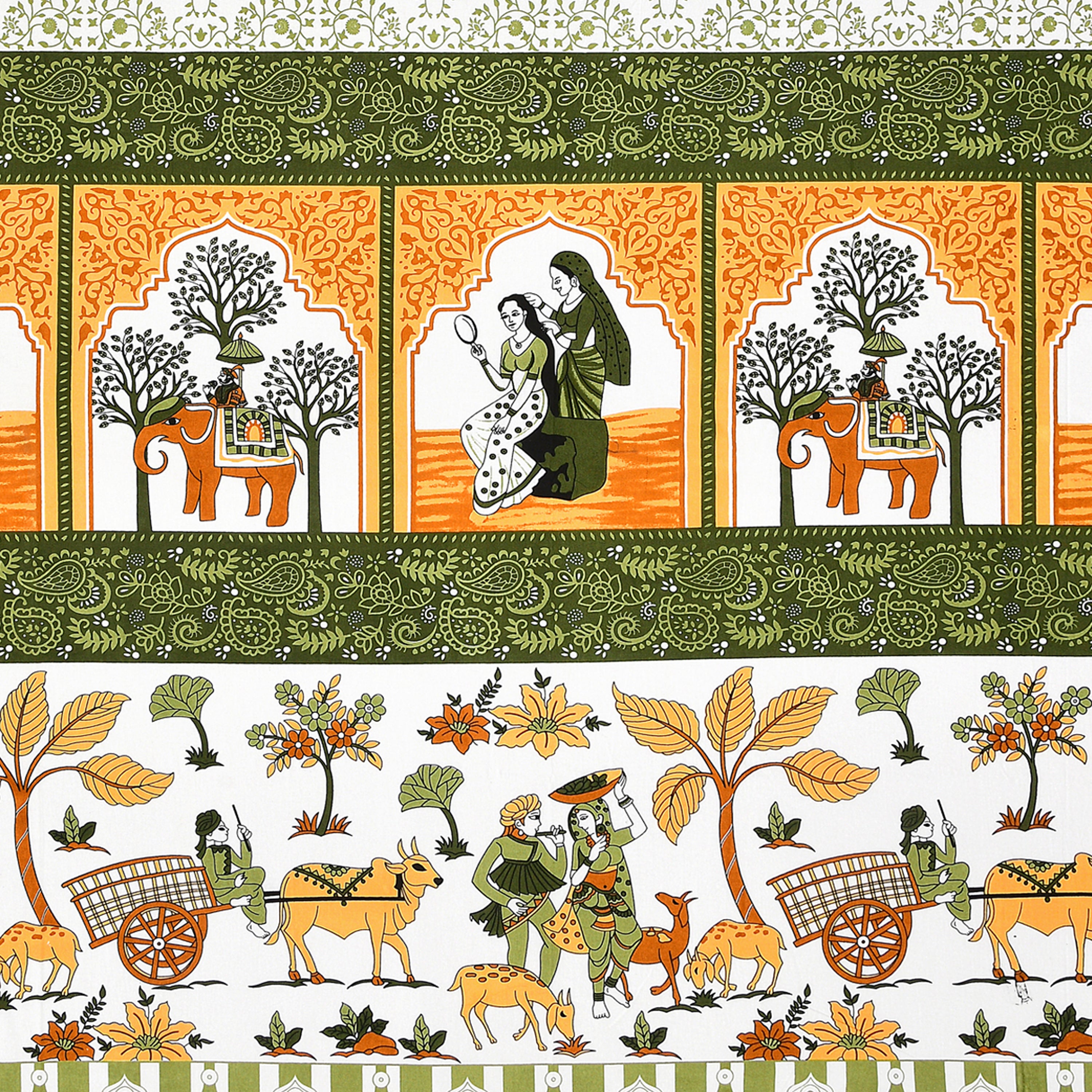 Mehendi Maharani Jaipuri Print 100% Pure Cotton 240 TC King Size BEDSHEET with 2 Pillow Cover - 90X108