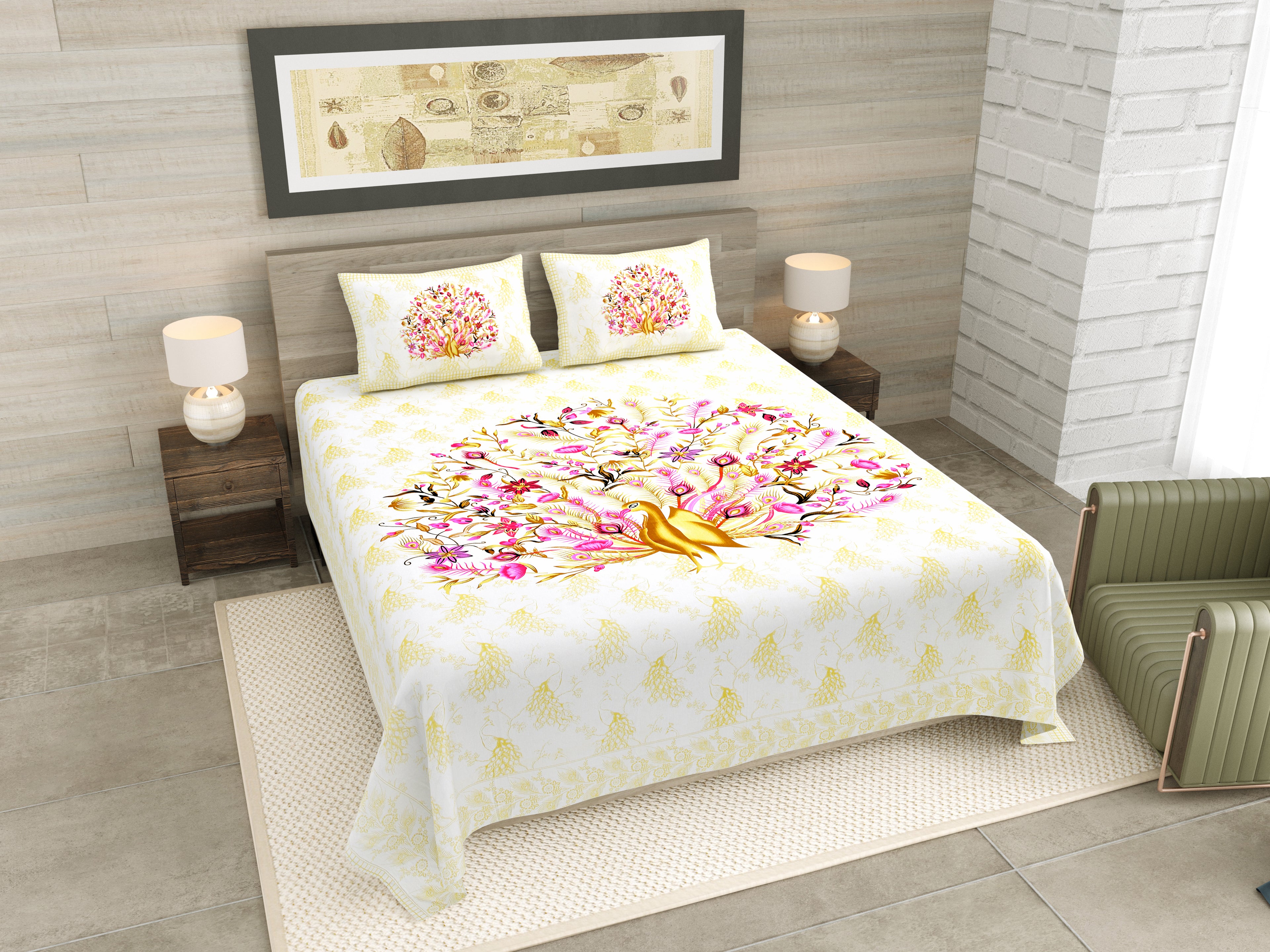 Mauve Peacock Jaipuri Print 100% Pure Cotton 240 TC King Size BEDSHEET with 2 Pillow Cover - 90X108