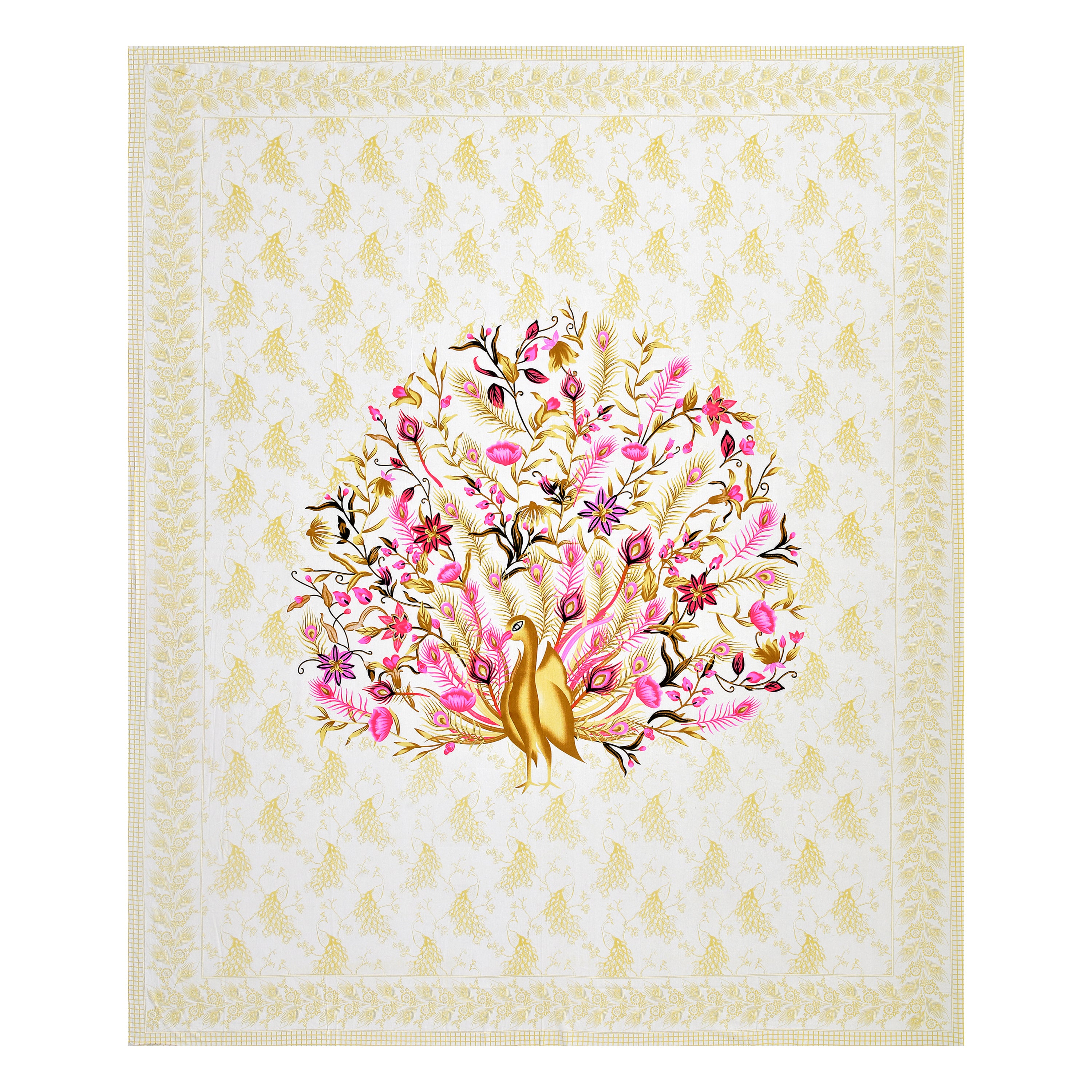 Mauve Peacock Jaipuri Print 100% Pure Cotton 240 TC King Size BEDSHEET with 2 Pillow Cover - 90X108