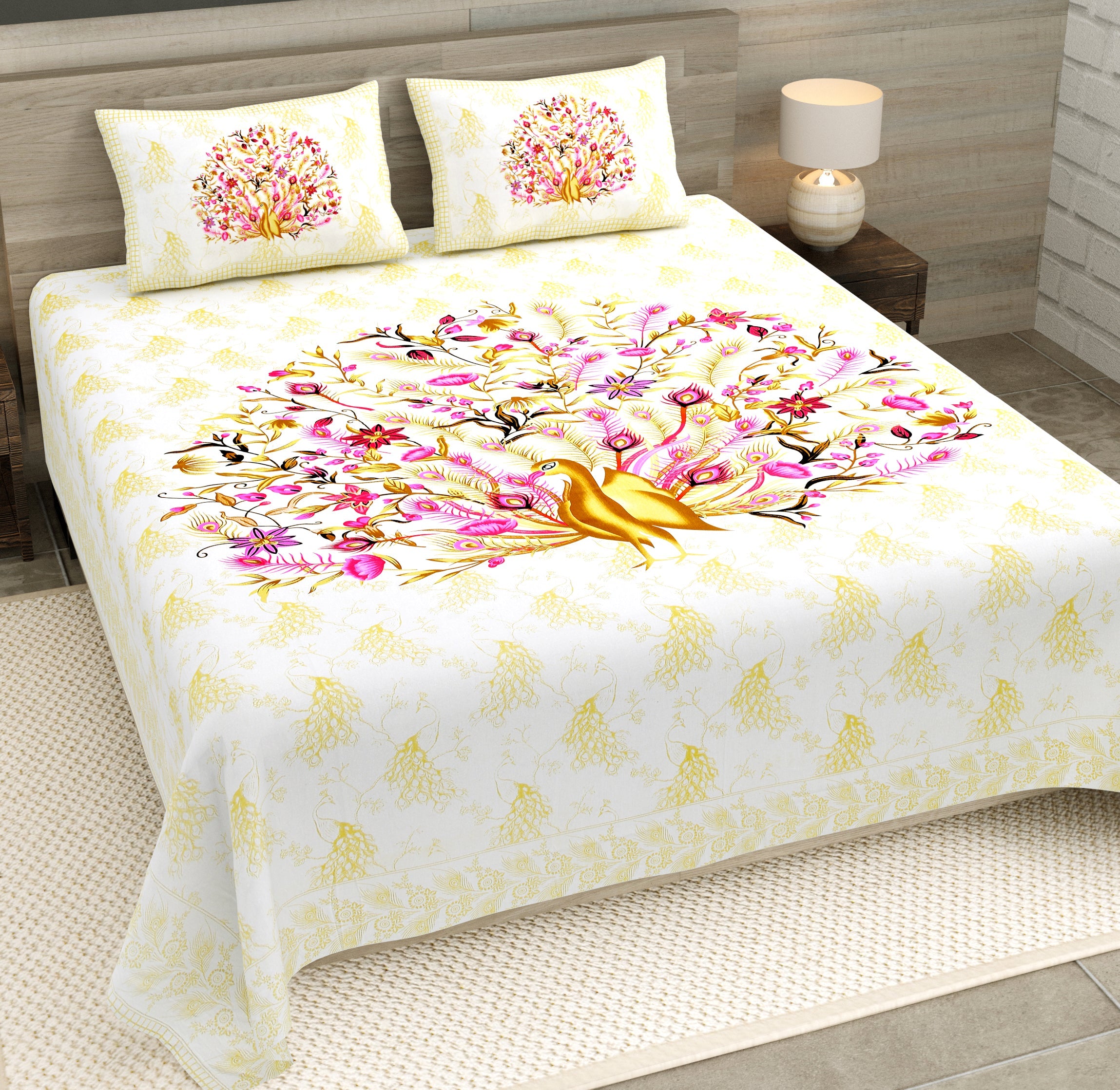Mauve Peacock Jaipuri Print 100% Pure Cotton 240 TC King Size BEDSHEET with 2 Pillow Cover - 90X108