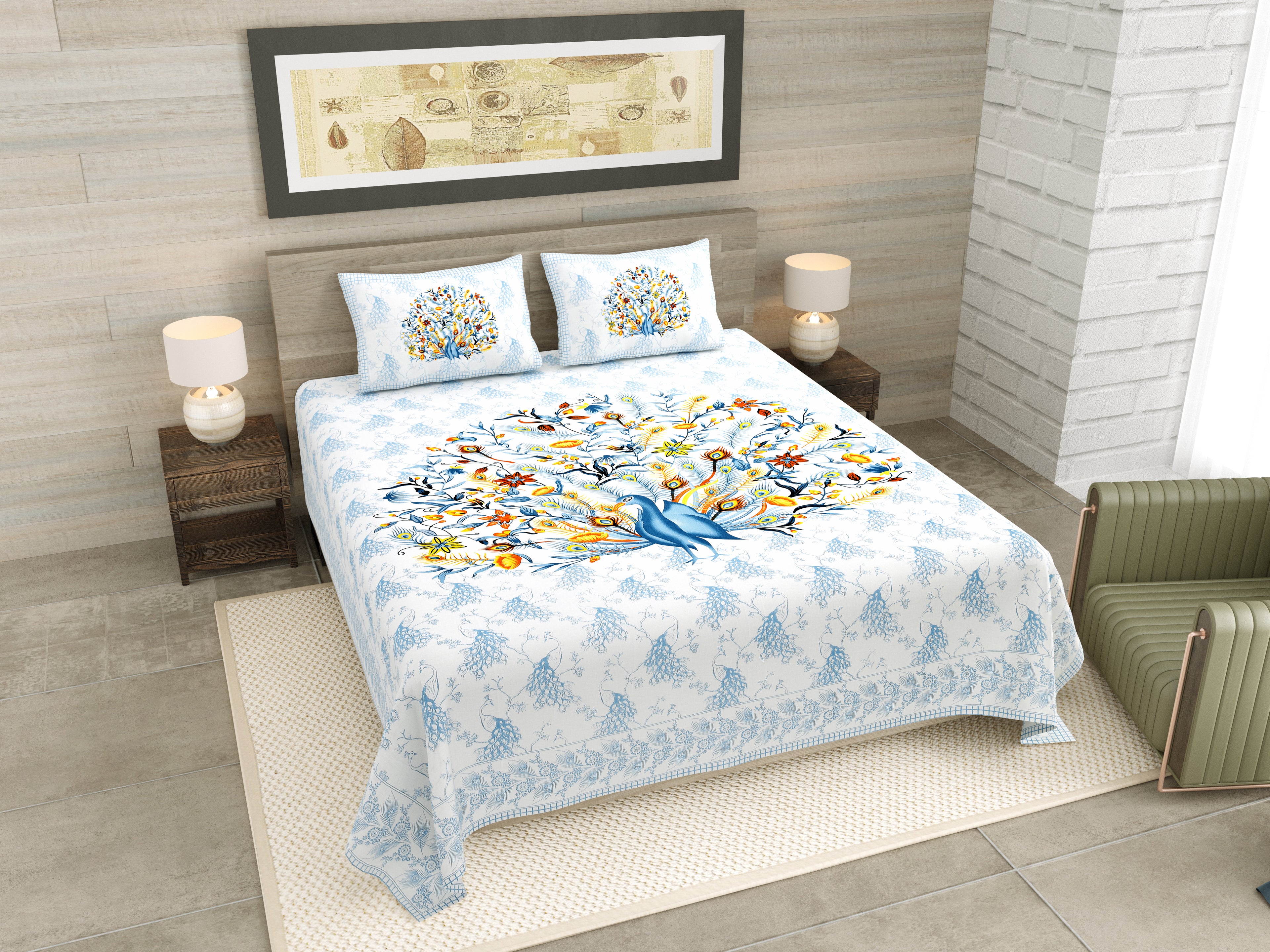 Blue Peacock Jaipuri Print 100% Pure Cotton 240 TC King Size BEDSHEET with 2 Pillow Cover - 90X108