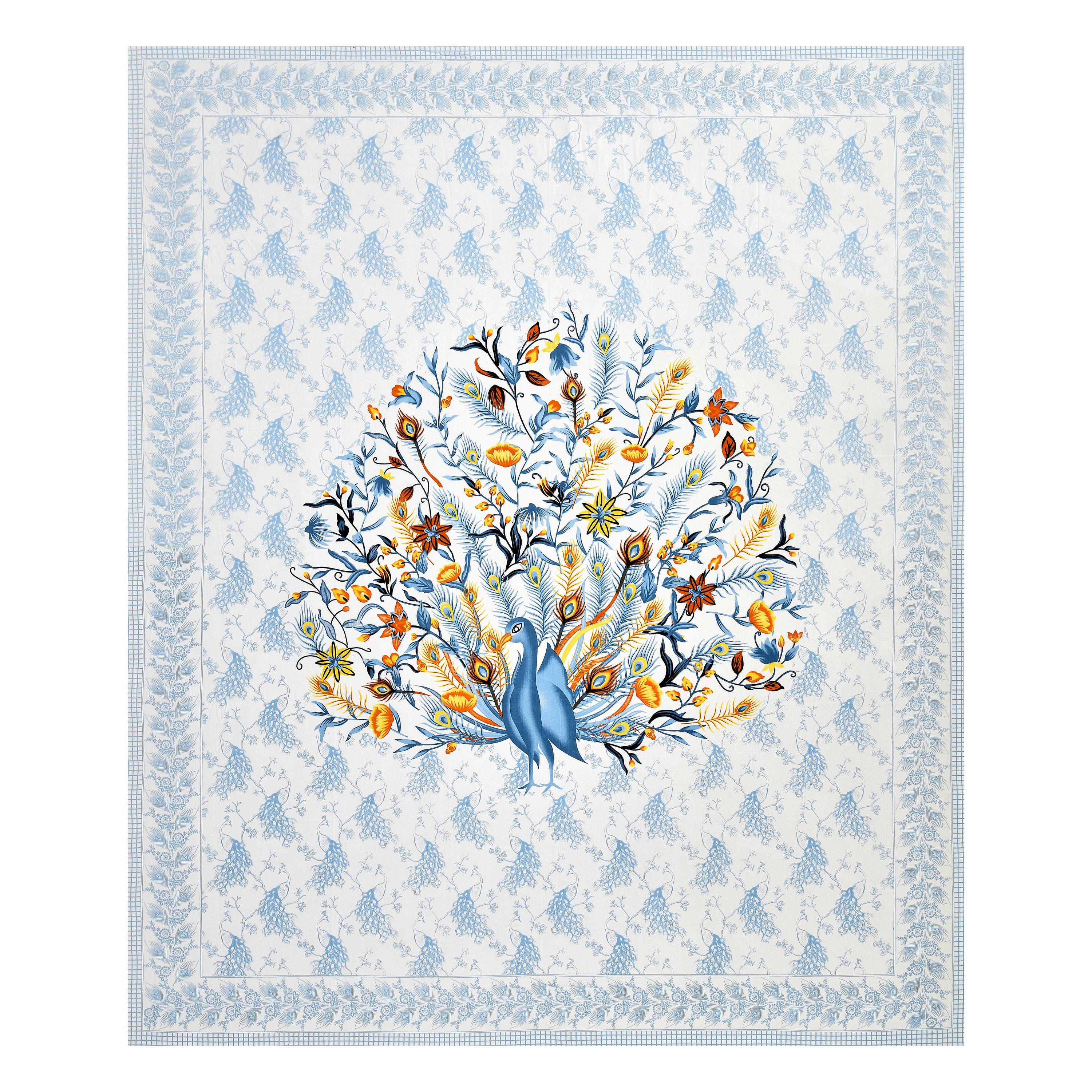 Blue Peacock Jaipuri Print 100% Pure Cotton 240 TC King Size BEDSHEET with 2 Pillow Cover - 90X108