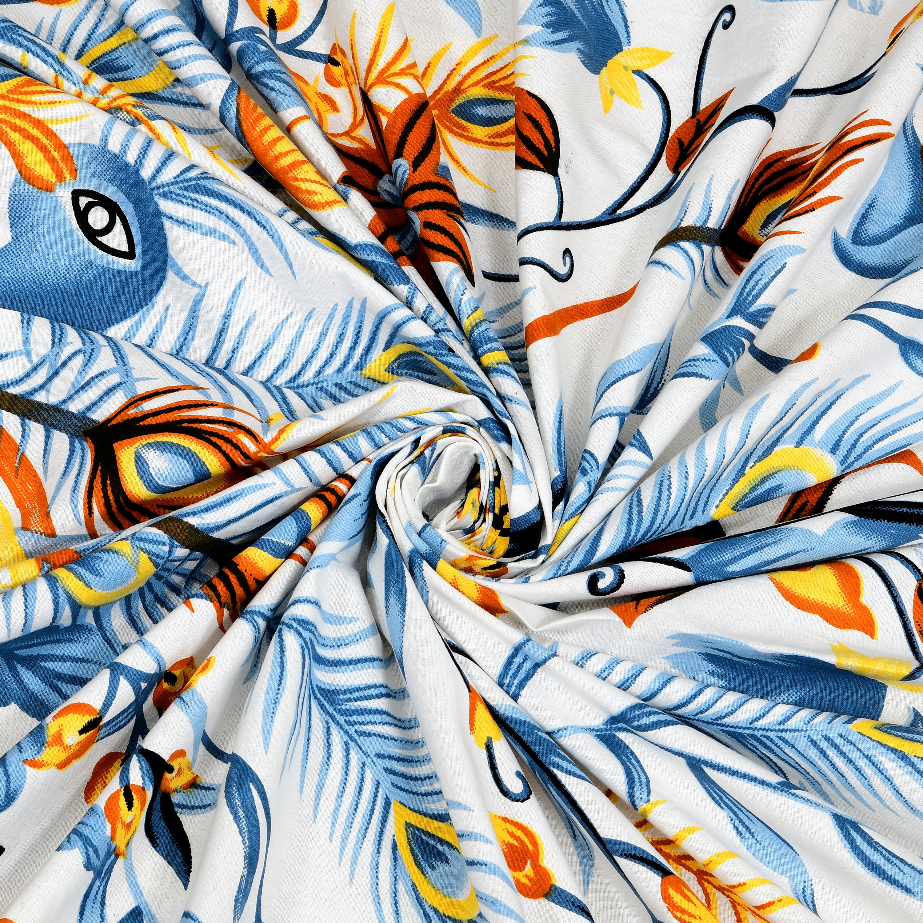 Blue Peacock Jaipuri Print 100% Pure Cotton 240 TC King Size BEDSHEET with 2 Pillow Cover - 90X108