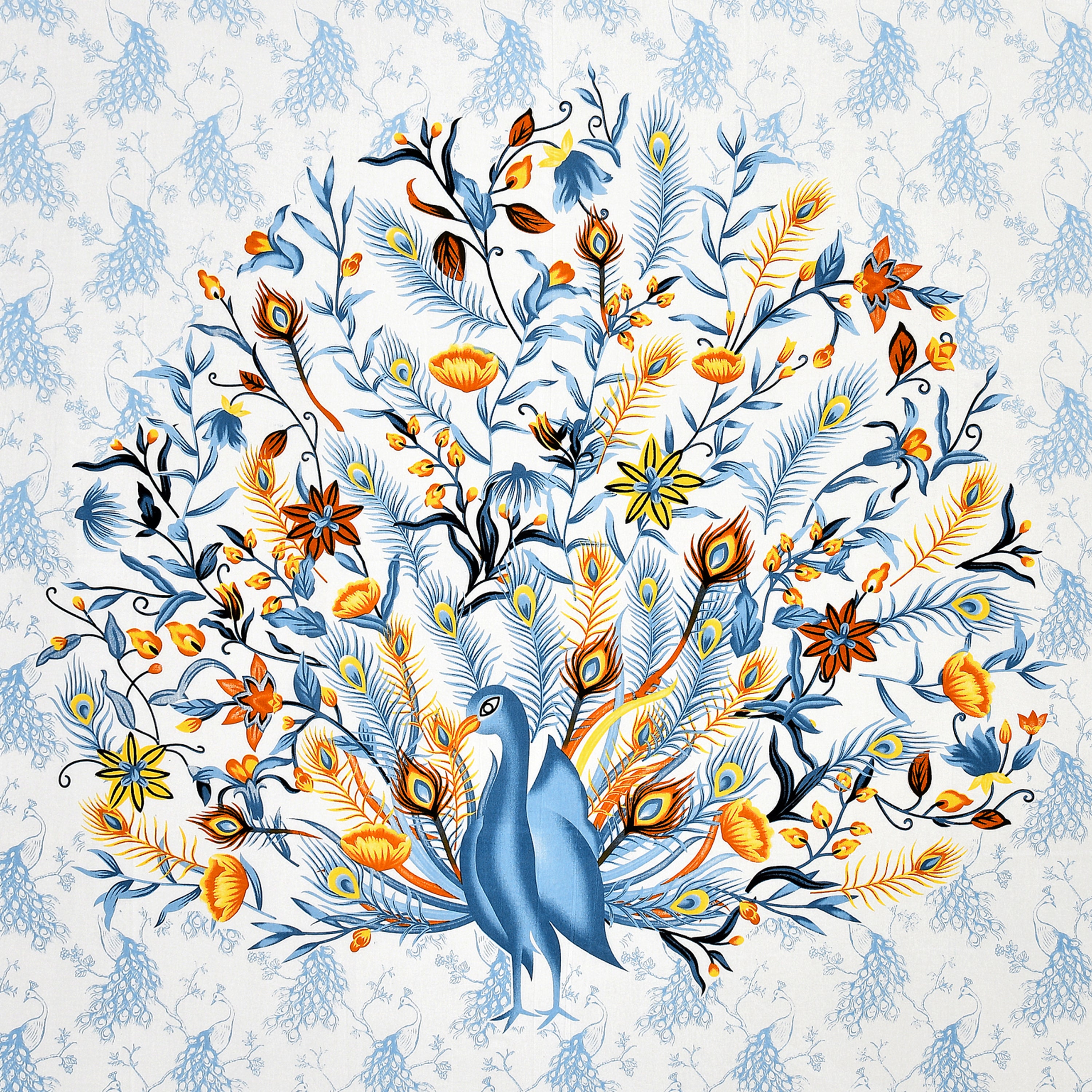 Blue Peacock Jaipuri Print 100% Pure Cotton 240 TC King Size BEDSHEET with 2 Pillow Cover - 90X108