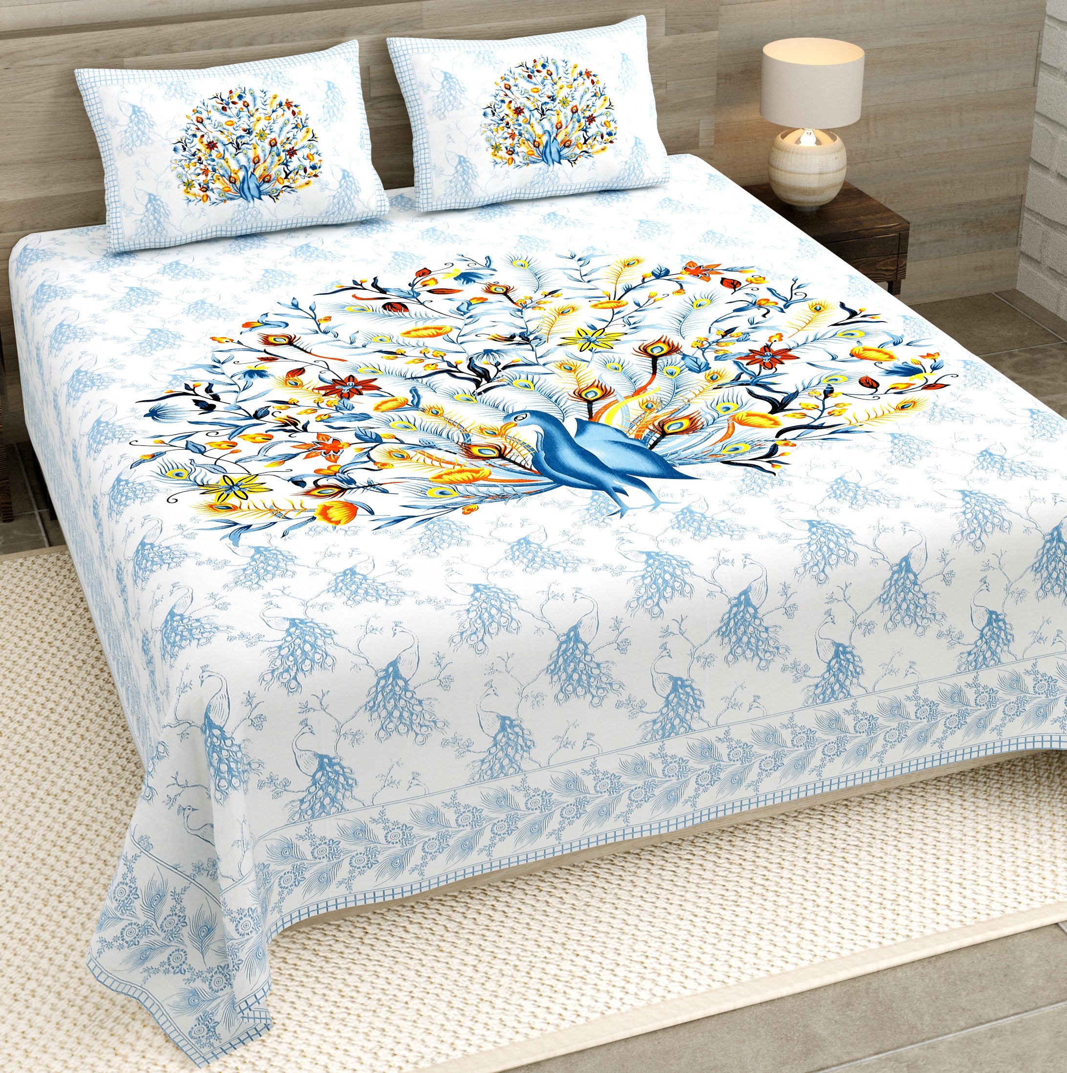 Blue Peacock Jaipuri Print 100% Pure Cotton 240 TC King Size BEDSHEET with 2 Pillow Cover - 90X108