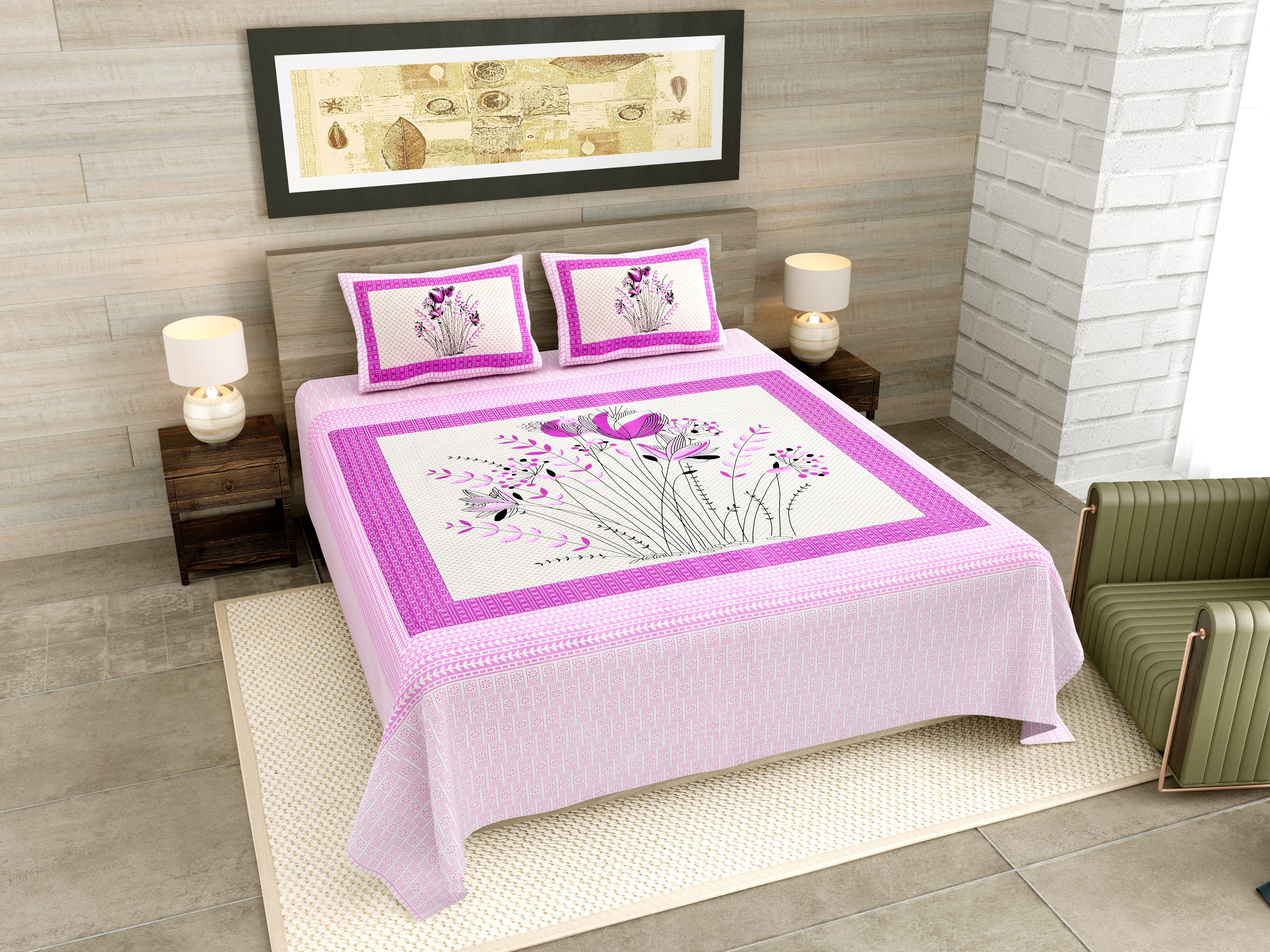 Mauve Tulip Jaipuri Print 100% Pure Cotton 240 TC King Size BEDSHEET with 2 Pillow Cover - 90X108