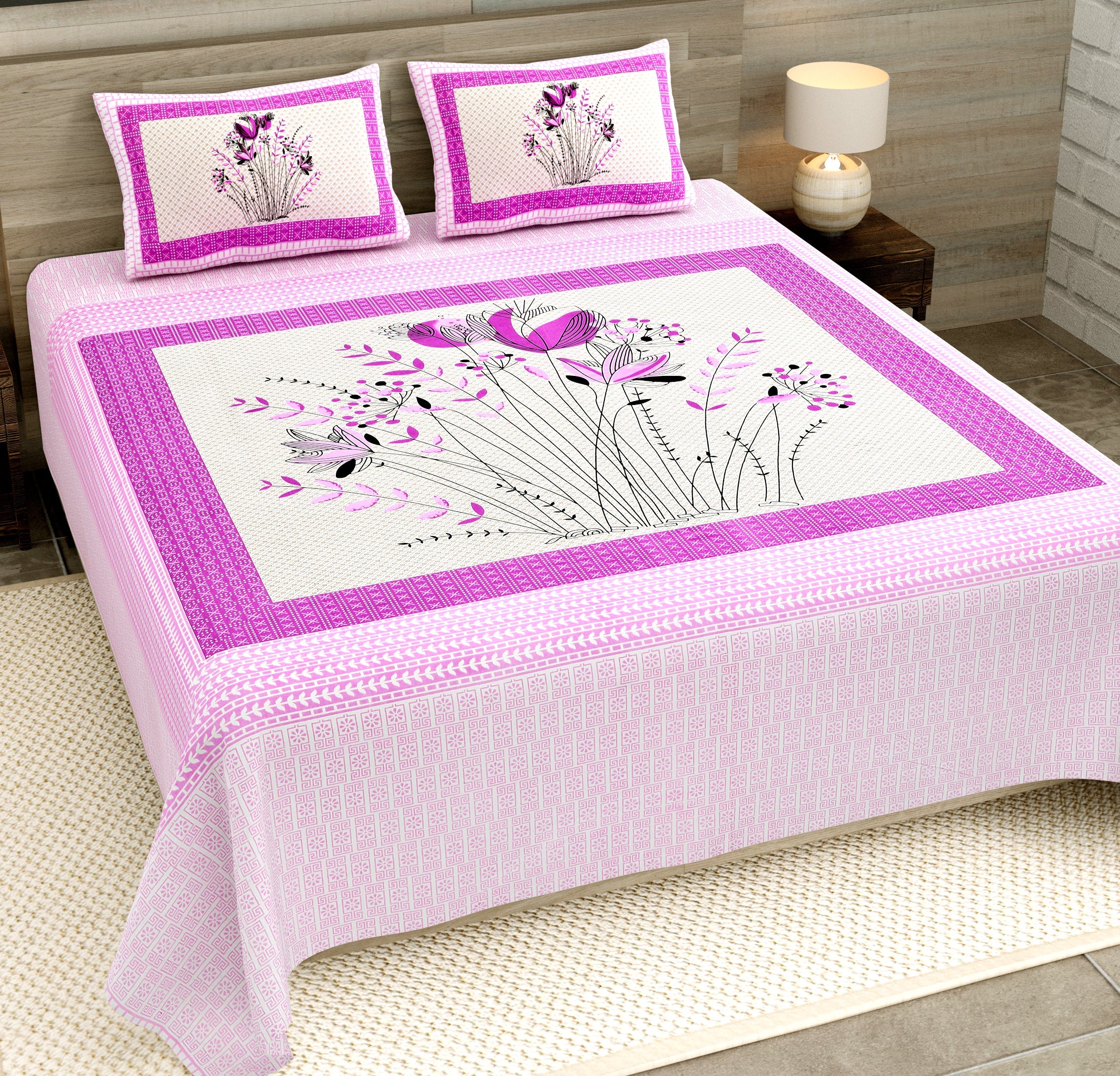 Mauve Tulip Jaipuri Print 100% Pure Cotton 240 TC King Size BEDSHEET with 2 Pillow Cover - 90X108