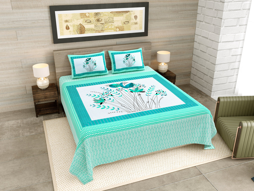 Green Tulip Jaipuri Print 100% Pure Cotton 240 TC King Size BEDSHEET with 2 Pillow Cover - 90X108