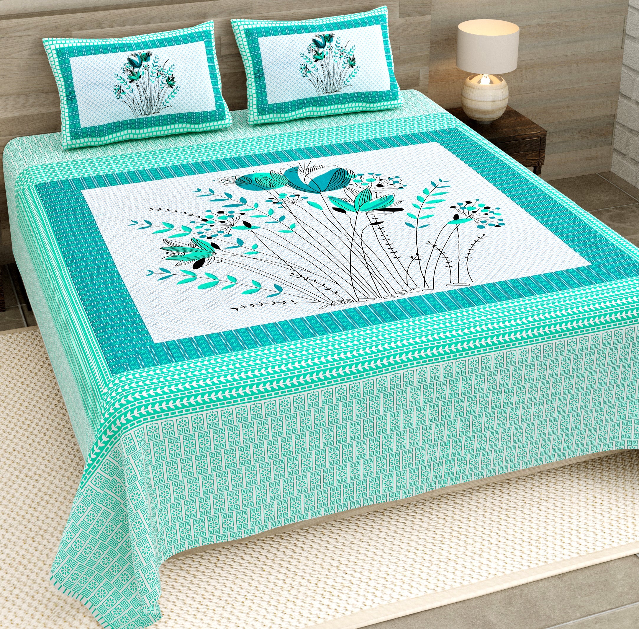 Green Tulip Jaipuri Print 100% Pure Cotton 240 TC King Size BEDSHEET with 2 Pillow Cover - 90X108