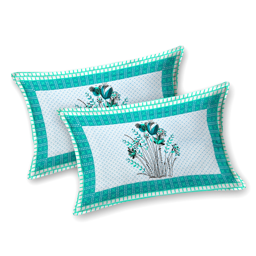 Green Tulip Jaipuri Print 100% Pure Cotton 240 TC King Size BEDSHEET with 2 Pillow Cover - 90X108