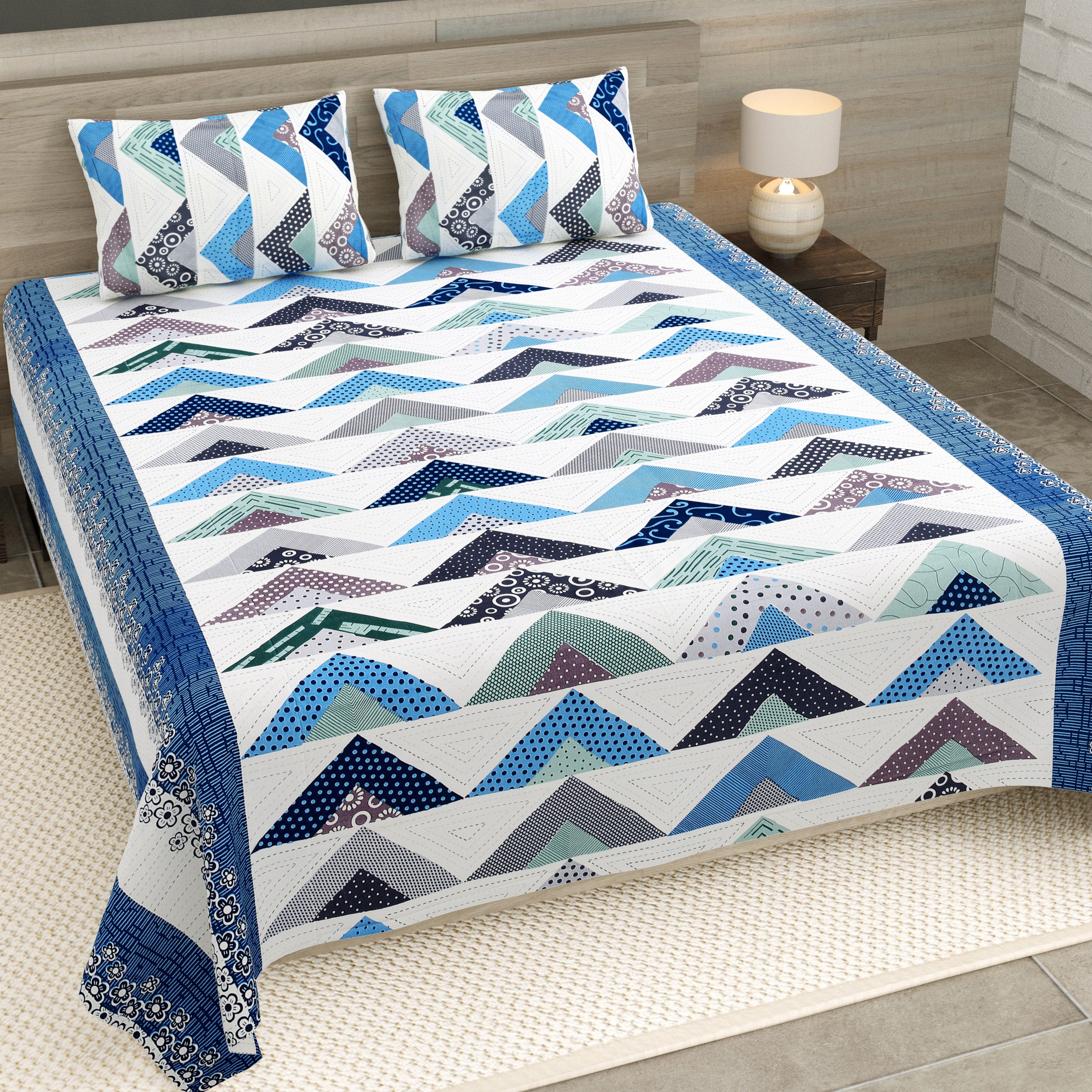 Blue Triangle Jaipuri Print 100% Pure Cotton 240 TC King Size BEDSHEET with 2 Pillow Cover - 90X108