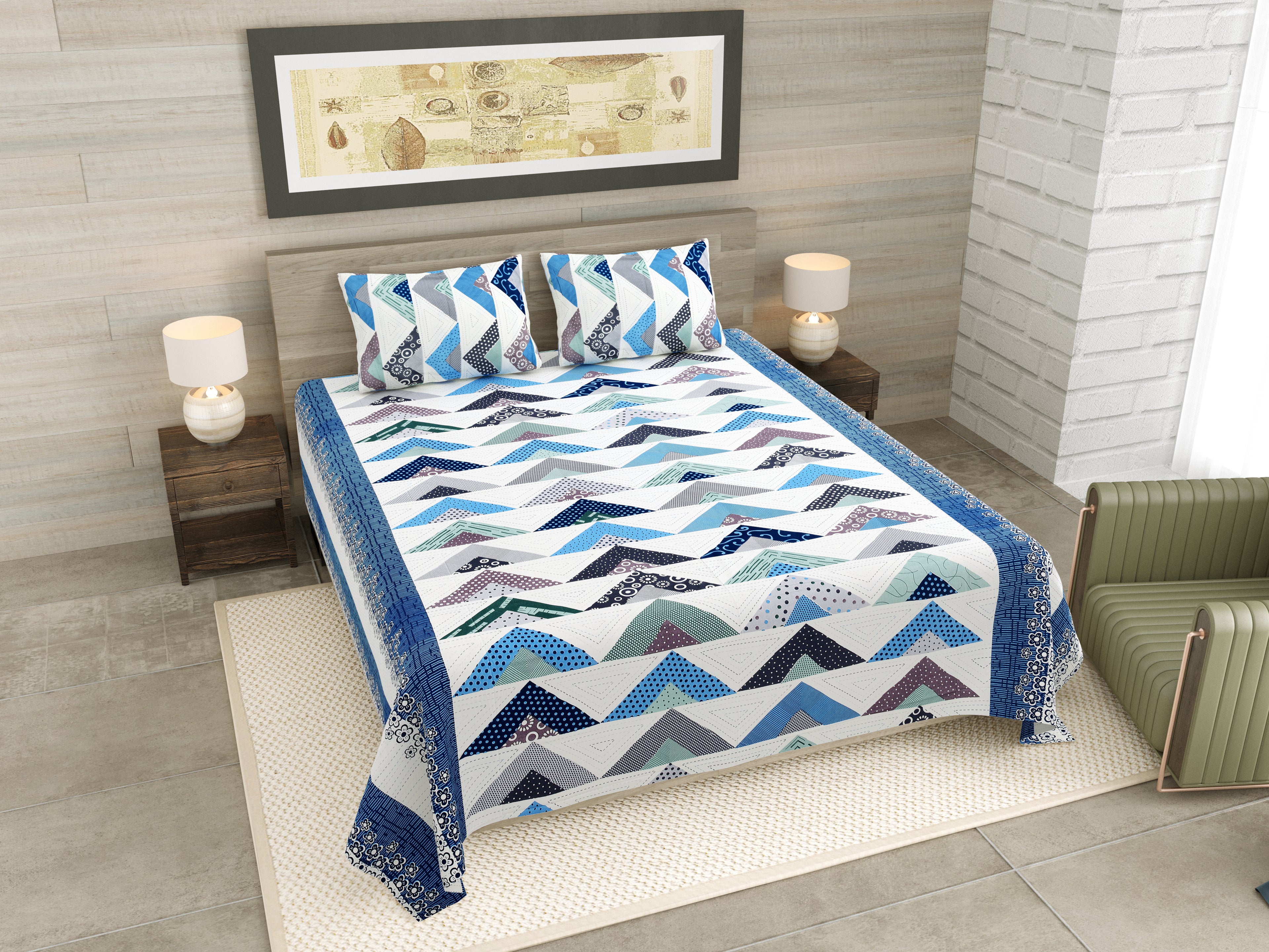Blue Triangle Jaipuri Print 100% Pure Cotton 240 TC King Size BEDSHEET with 2 Pillow Cover - 90X108