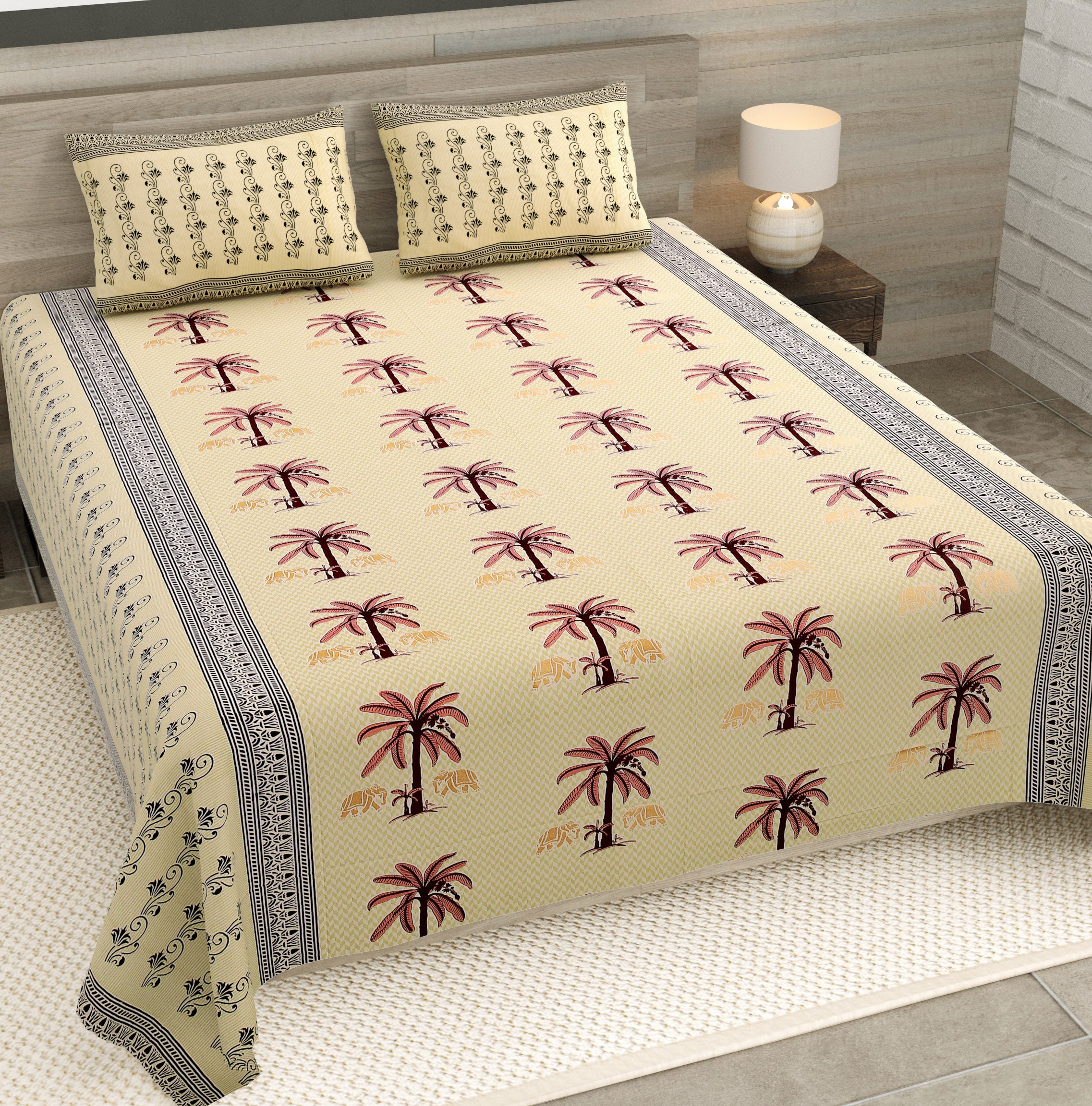 Beige Palm Jaipuri Print 100% Pure Cotton 240 TC King Size BEDSHEET with 2 Pillow Cover - 90X108