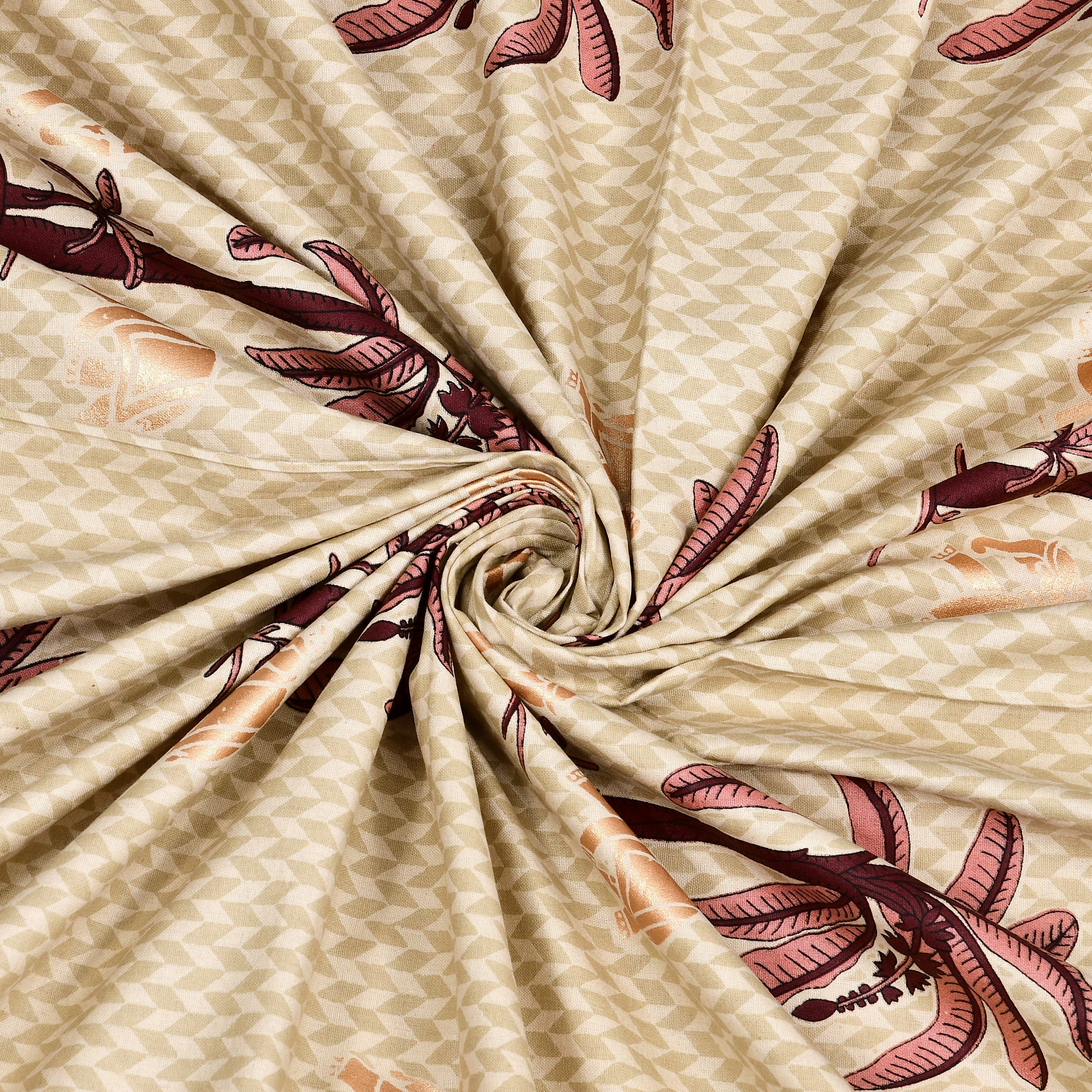 Beige Palm Jaipuri Print 100% Pure Cotton 240 TC King Size BEDSHEET with 2 Pillow Cover - 90X108